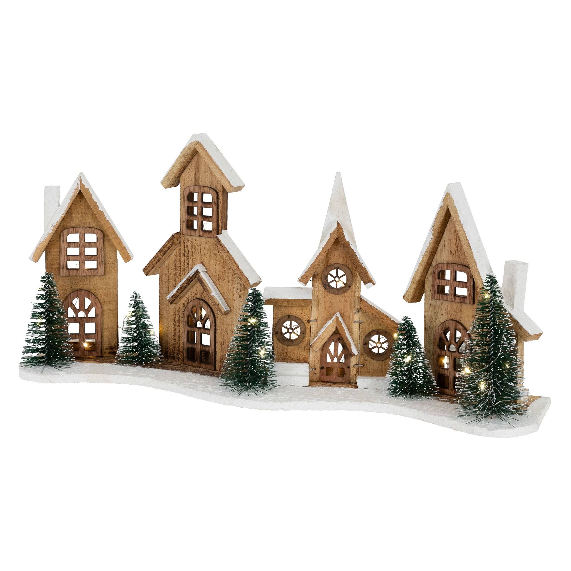Ecd-Germany - Village de Noël déco d'hiver en bois figure LED blanc chaud minuteur maison Noël - Image 1