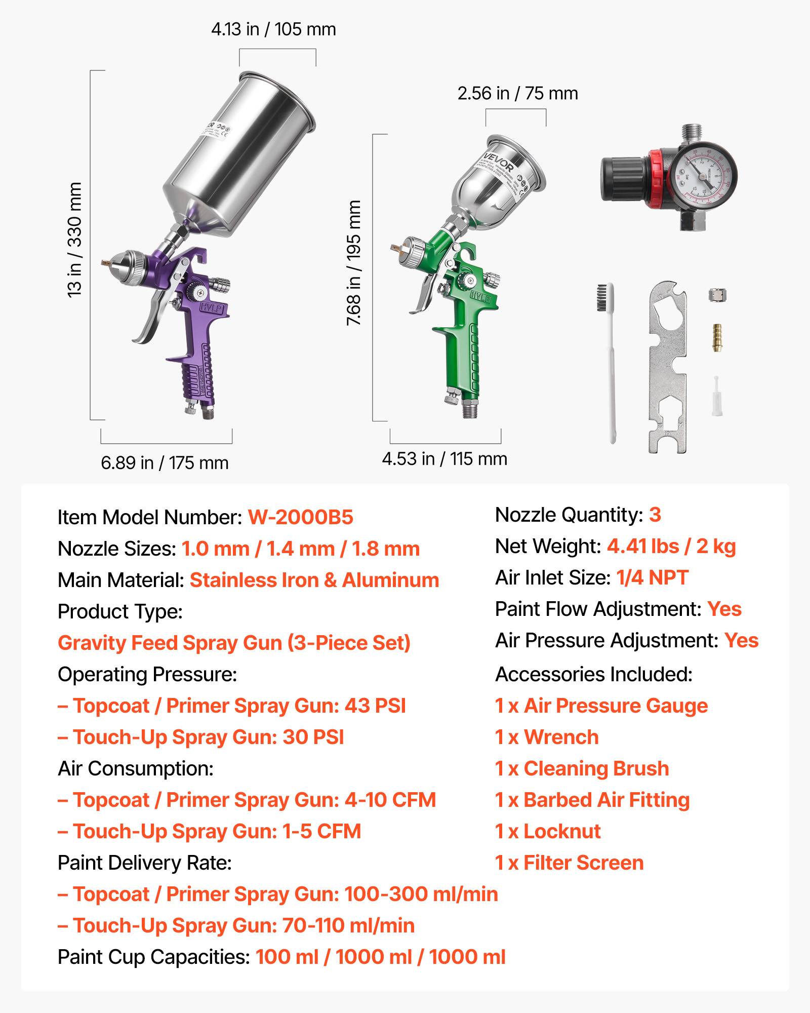 Vevor - VEVOR Kit pistolet pulvérisateur pneumatique par gravité, lot de 3 buses 1,0/1,4/1,8 mm, pour automobile, meubles, bricolage - Image 6