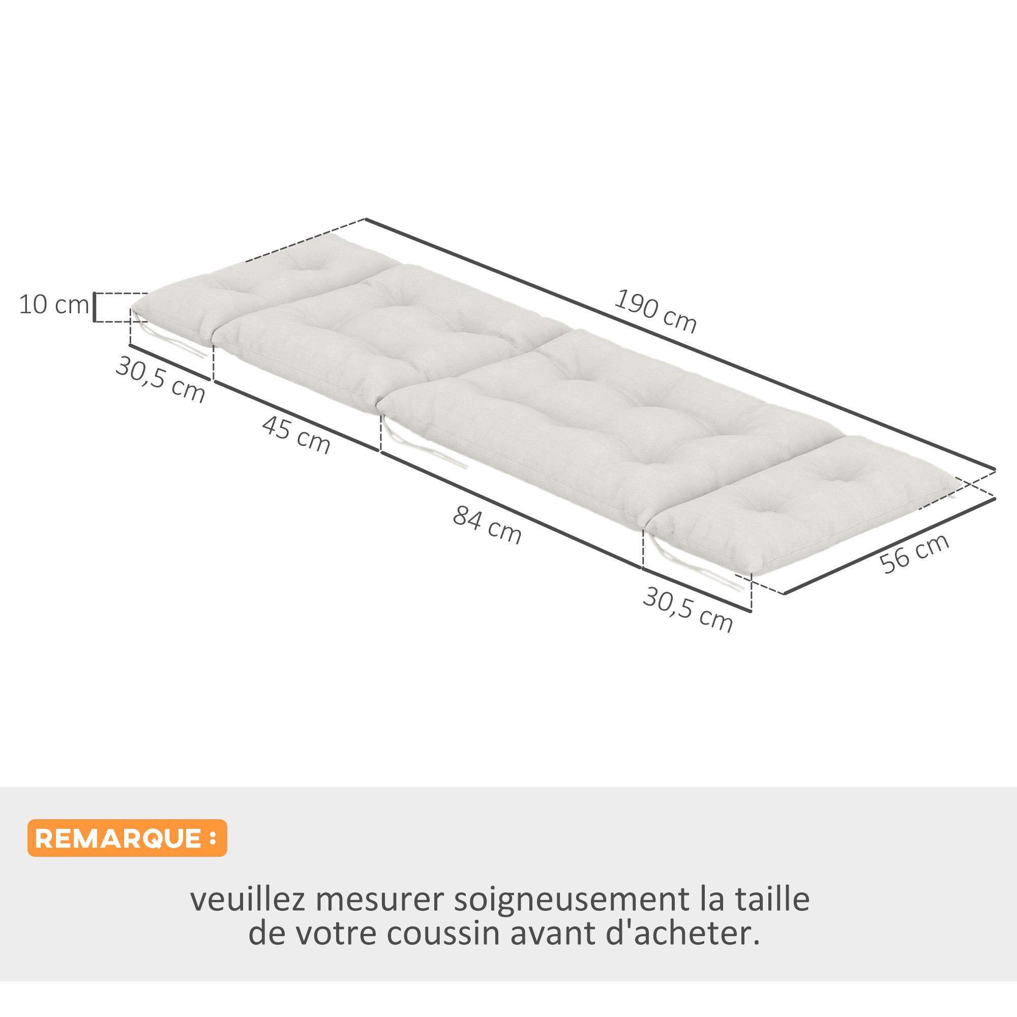 Lot de 2 coussins de chaise longue coussin bain de soleil épais, confortable - 6 attaches, 190 x 56 x 10 cm, gris clair - Image 5