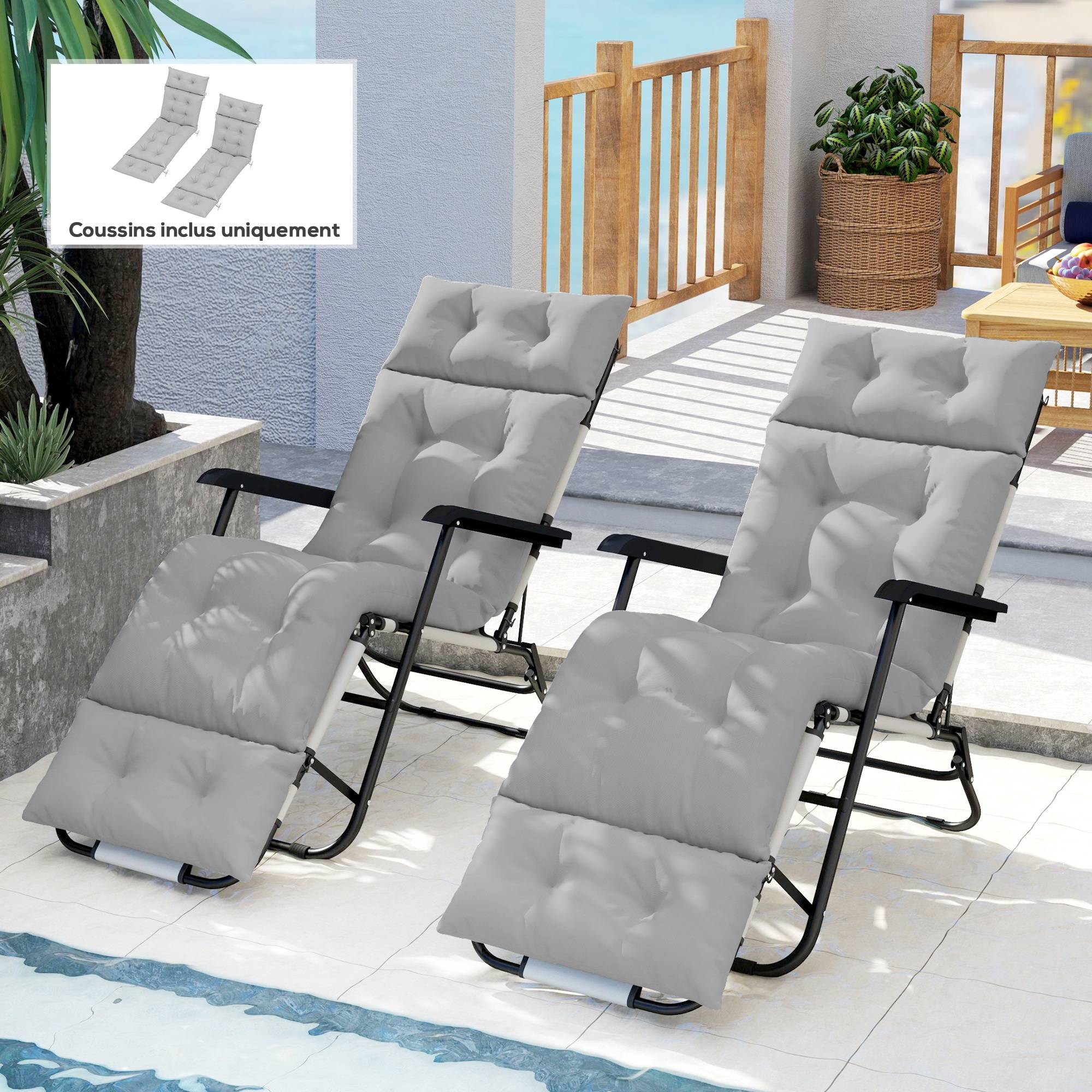 Lot de 2 coussins de chaise longue coussin bain de soleil épais, confortable - 6 attaches, 190 x 56 x 10 cm, gris clair - Image 4