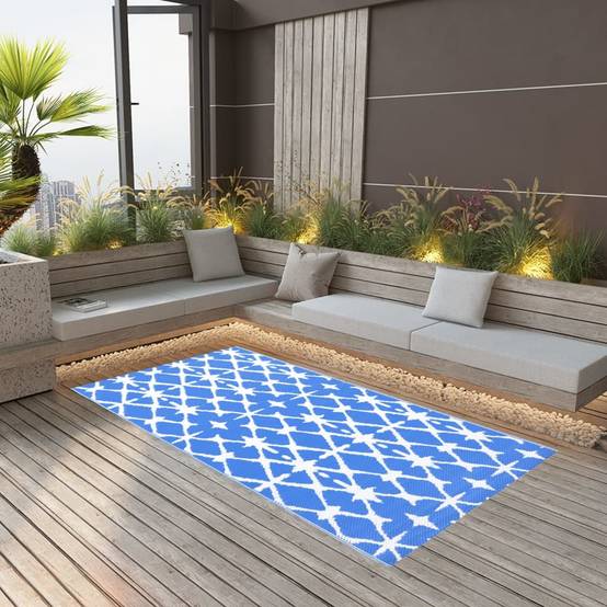 Tapis extérieur - Tapis de jardin - Tapis de terrasse Bleu et blanc 80x150 cm PP - Image 2