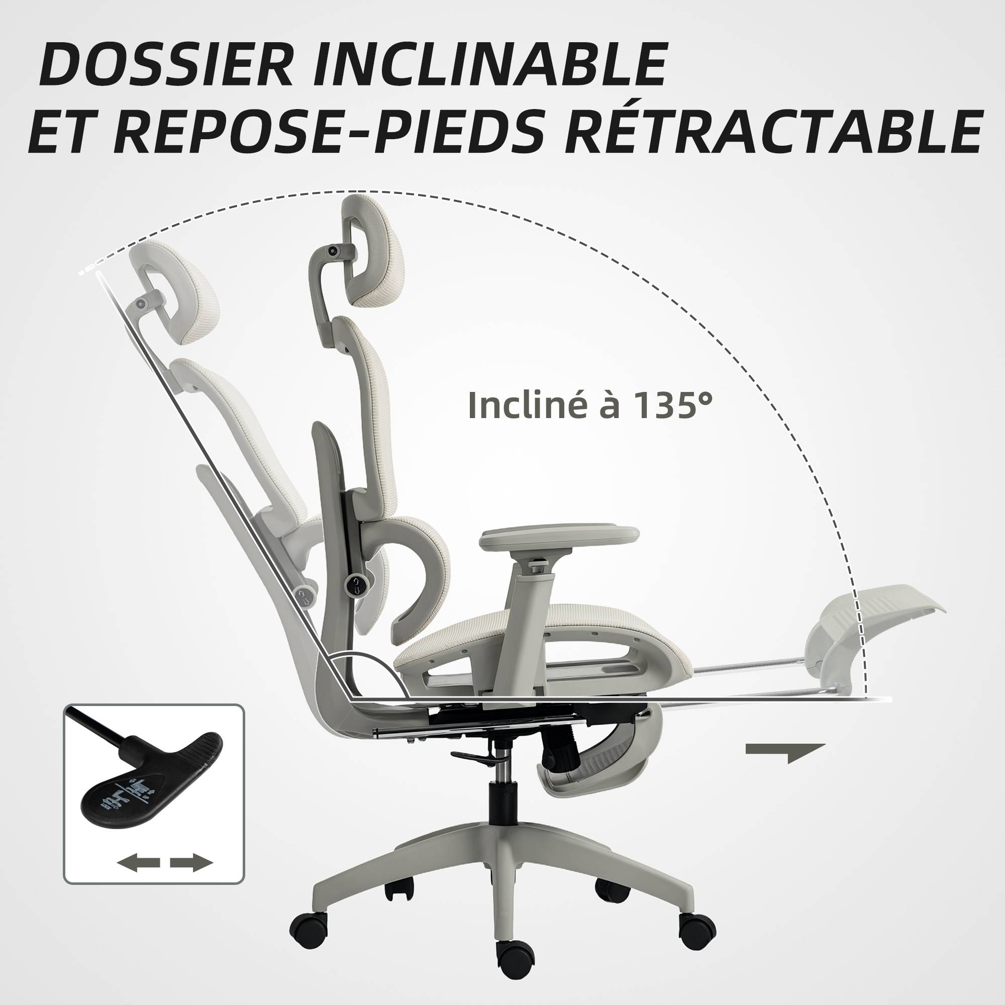 Sans Marque - Chaise de bureau ergonomique en maille, fauteuil de bureau inclinable, accoudoirs 3D, appui-tête réglable, beige - Image 8