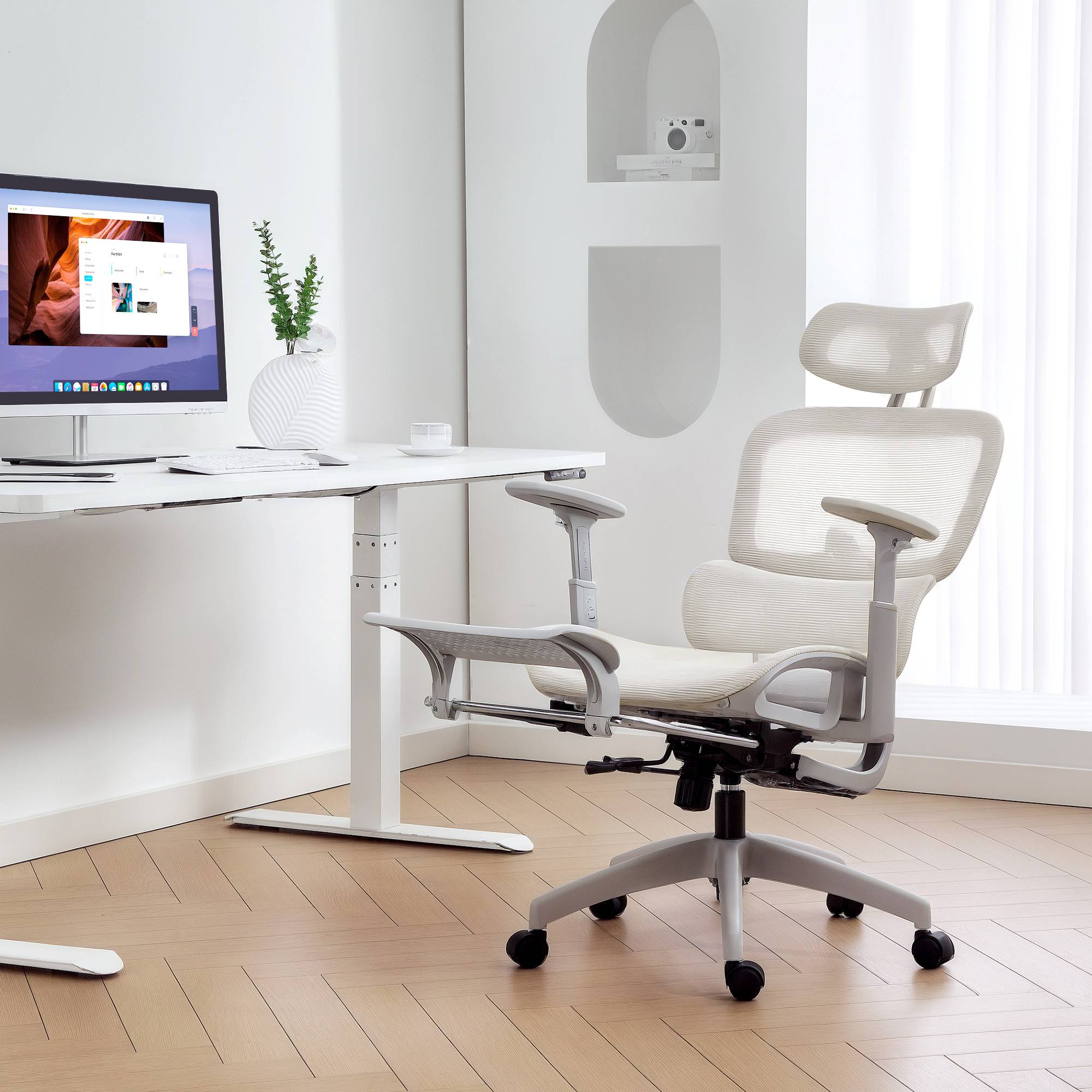 Sans Marque - Chaise de bureau ergonomique en maille, fauteuil de bureau inclinable, accoudoirs 3D, appui-tête réglable, beige - Image 3