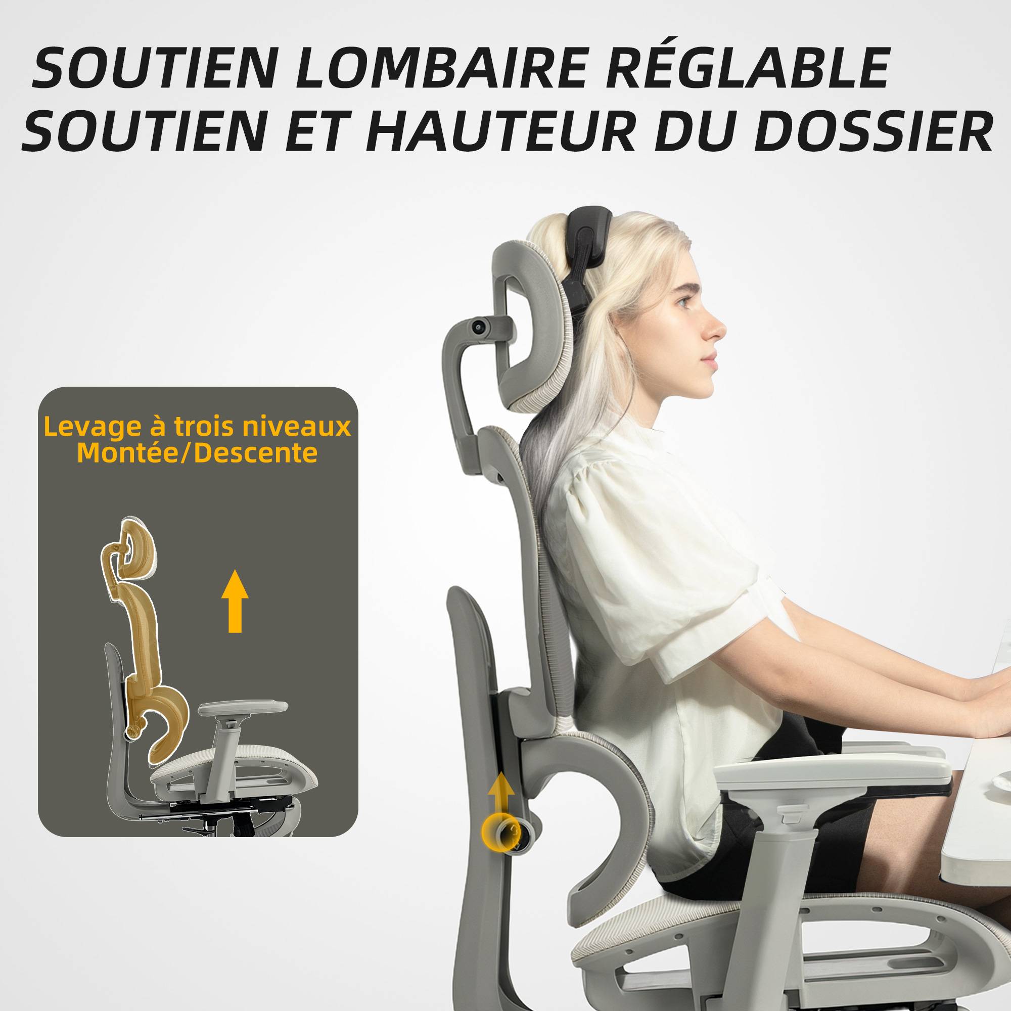 Sans Marque - Chaise de bureau ergonomique en maille, fauteuil de bureau inclinable, accoudoirs 3D, appui-tête réglable, beige - Image 10