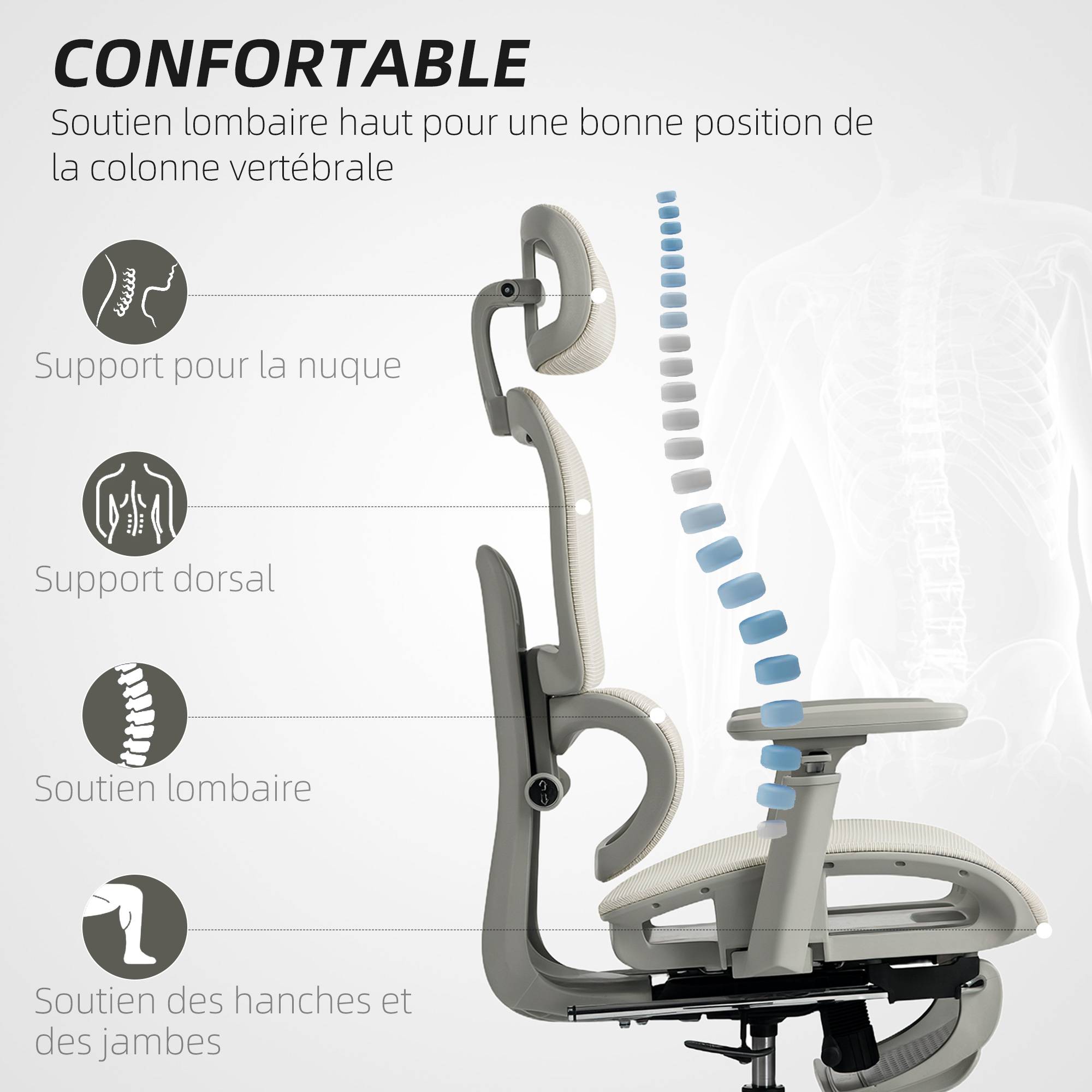 Sans Marque - Chaise de bureau ergonomique en maille, fauteuil de bureau inclinable, accoudoirs 3D, appui-tête réglable, beige - Image 6