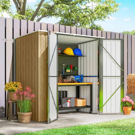 Abri de jardin extérieur en métal 1,37 m² (163 x 89 x 163 cm) avec toit incliné, portes avec loquets et poignées marron - Image 10
