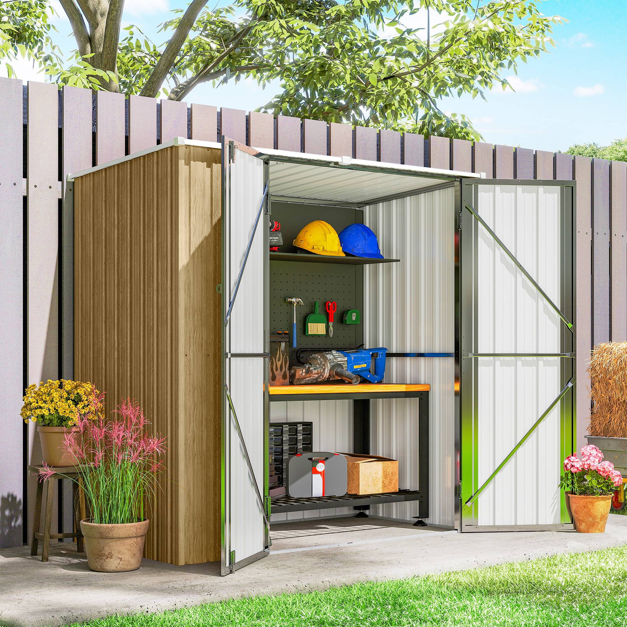 Abri de jardin extérieur en métal 1,37 m² (163 x 89 x 163 cm) avec toit incliné, portes avec loquets et poignées marron - Image 10
