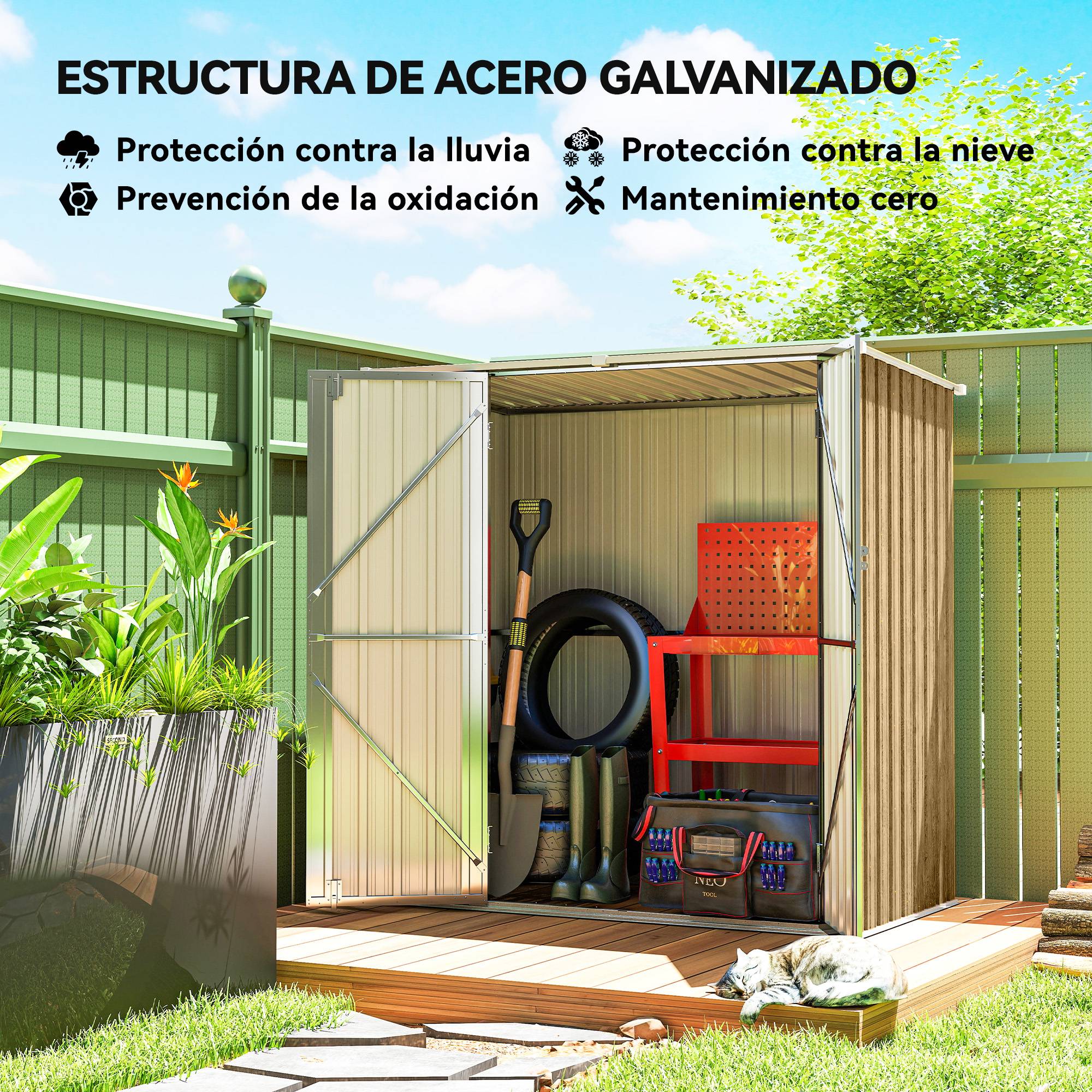 Abri de jardin extérieur en métal 1,37 m² (163 x 89 x 163 cm) avec toit incliné, portes avec loquets et poignées marron - Image 6