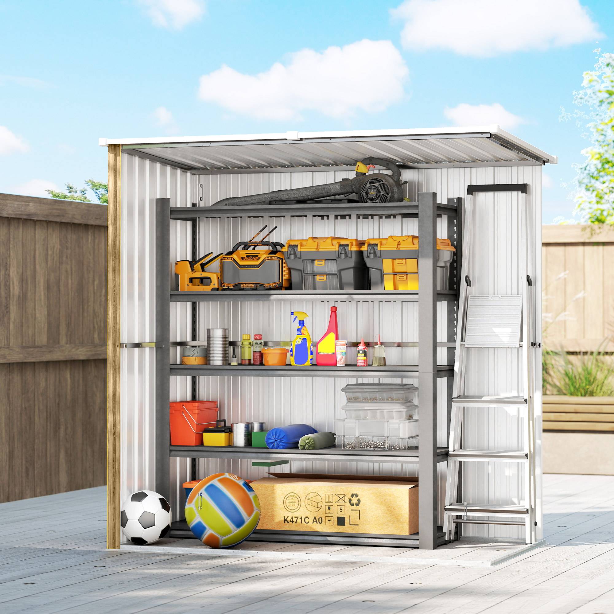 Abri de jardin extérieur en métal 1,37 m² (163 x 89 x 163 cm) avec toit incliné, portes avec loquets et poignées marron - Image 9