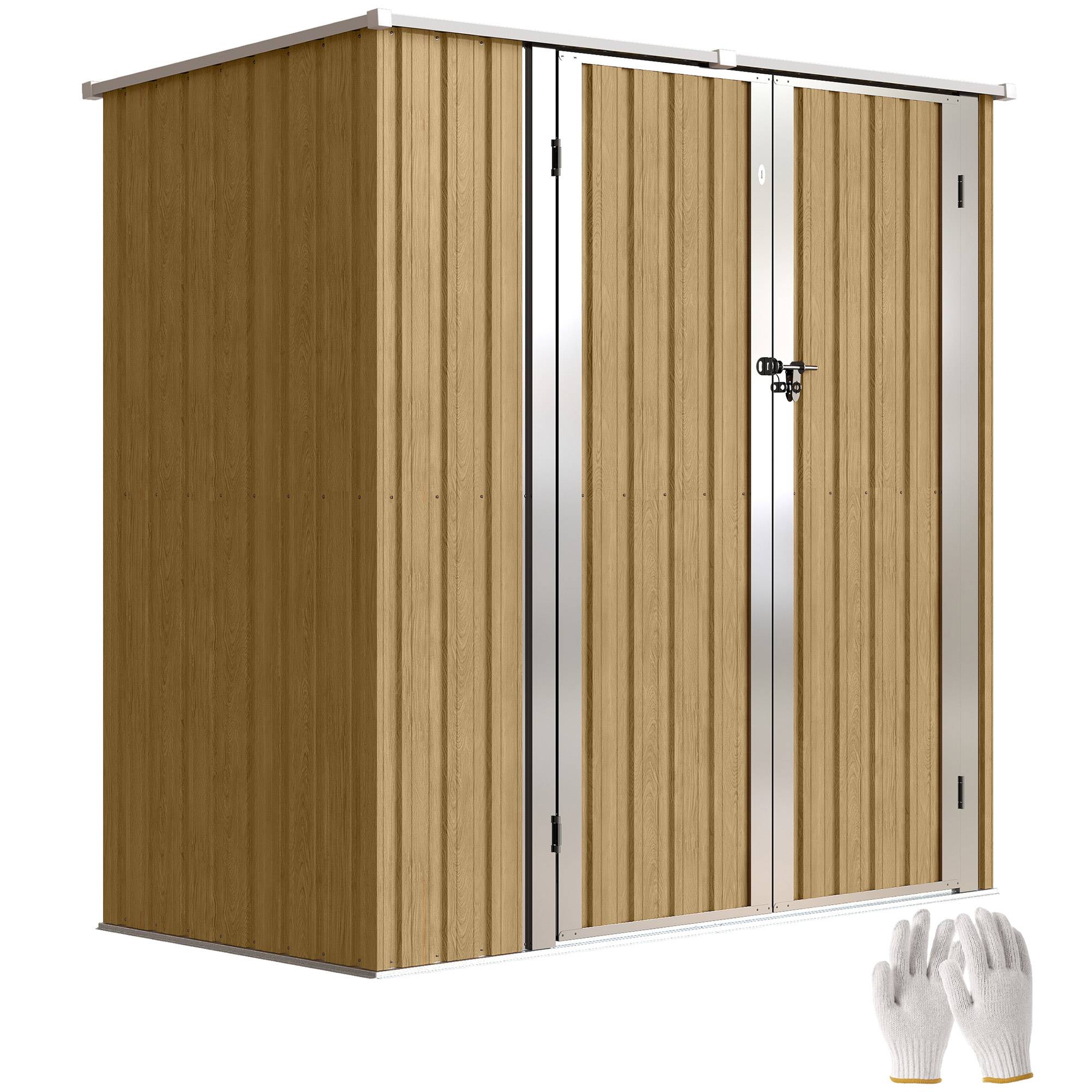 Abri de jardin extérieur en métal 1,37 m² (163 x 89 x 163 cm) avec toit incliné, portes avec loquets et poignées marron - Image 1