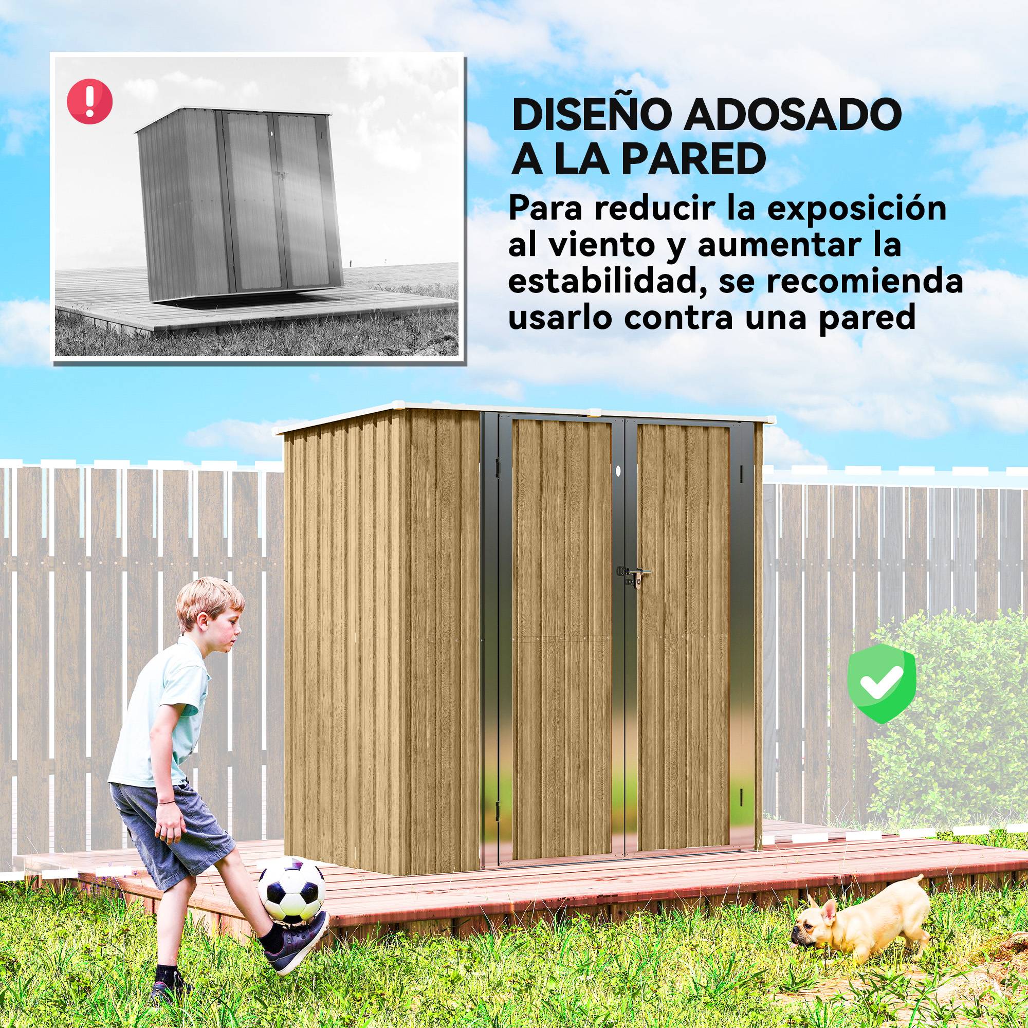 Abri de jardin extérieur en métal 1,37 m² (163 x 89 x 163 cm) avec toit incliné, portes avec loquets et poignées marron - Image 8