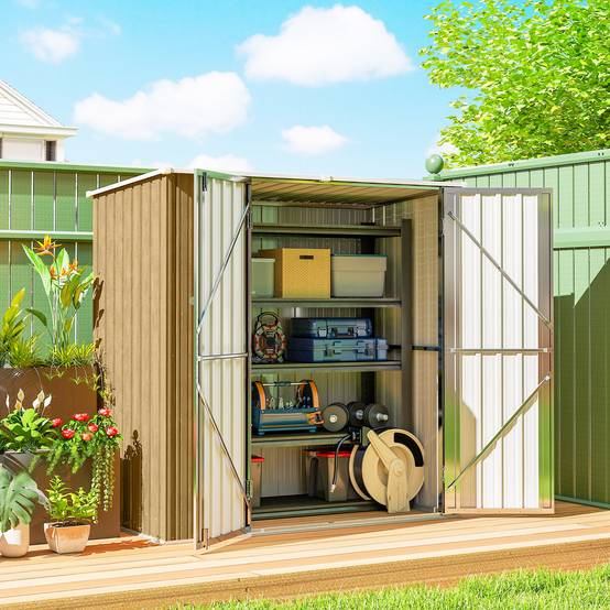 Abri de jardin extérieur en métal 1,37 m² (163 x 89 x 163 cm) avec toit incliné, portes avec loquets et poignées marron - Image 3