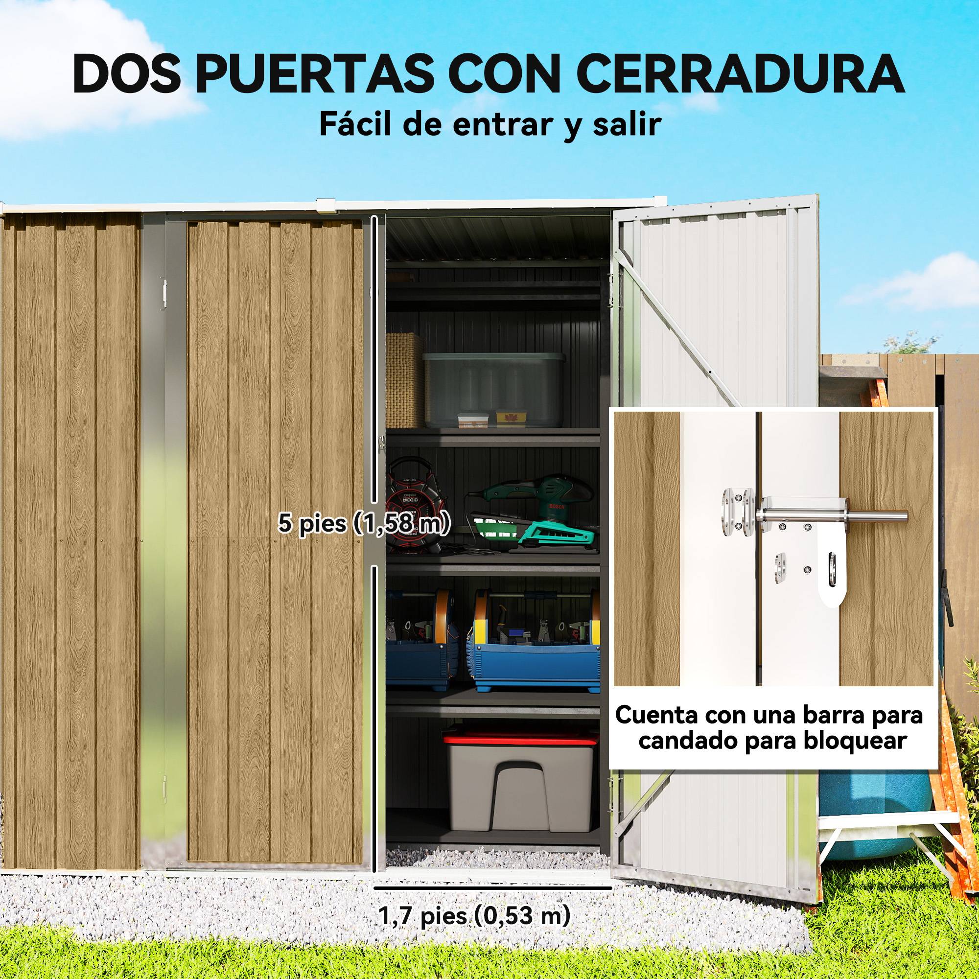 Abri de jardin extérieur en métal 1,37 m² (163 x 89 x 163 cm) avec toit incliné, portes avec loquets et poignées marron - Image 7