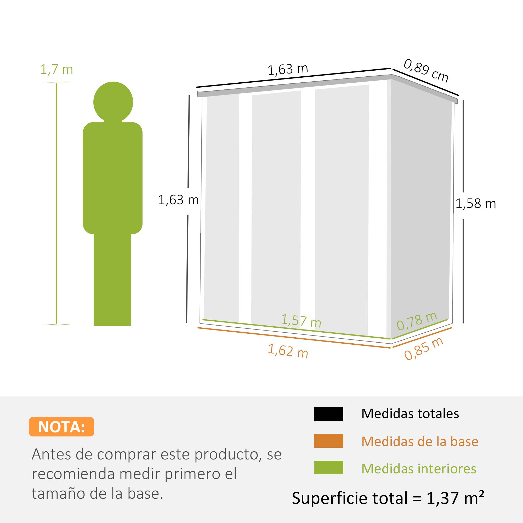 Abri de jardin extérieur en métal 1,37 m² (163 x 89 x 163 cm) avec toit incliné, portes avec loquets et poignées marron - Image 5