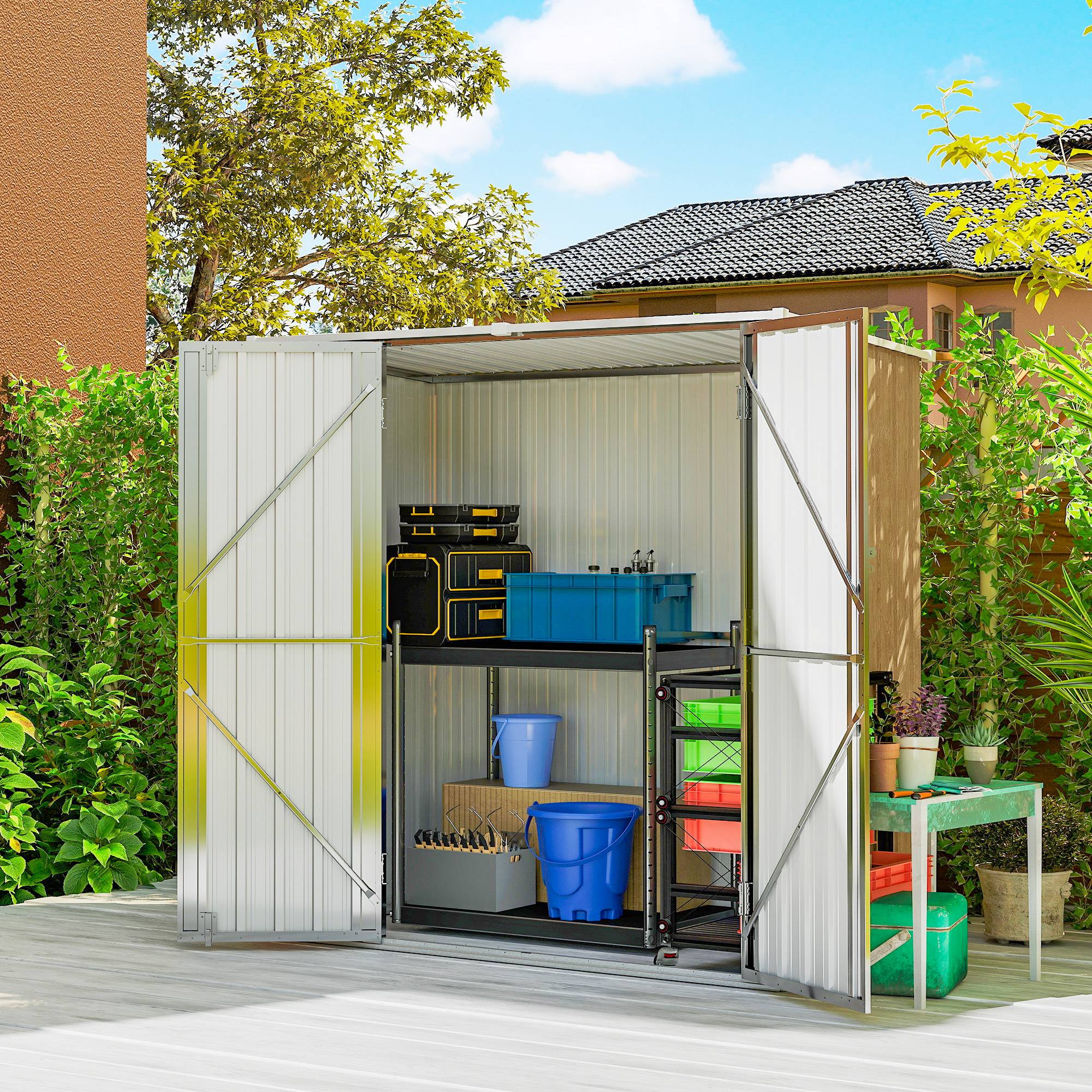 Abri de jardin extérieur en métal 1,37 m² (163 x 89 x 163 cm) avec toit incliné, portes avec loquets et poignées marron - Image 4