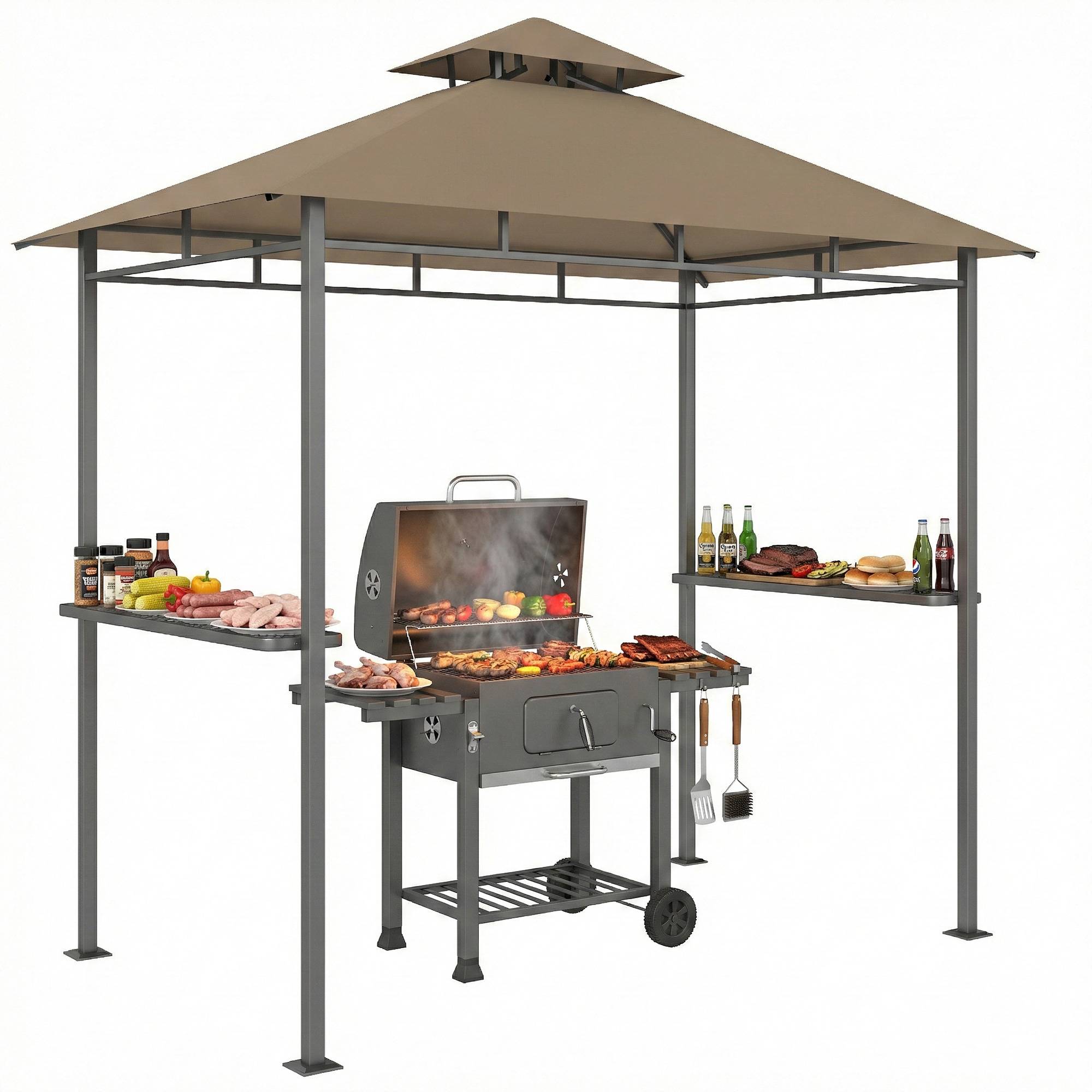 Abri barbecue extérieur, tonnelle de jardin 245x146x255cm en métal, double toit, 2 étagères latérales, marron - Image 1