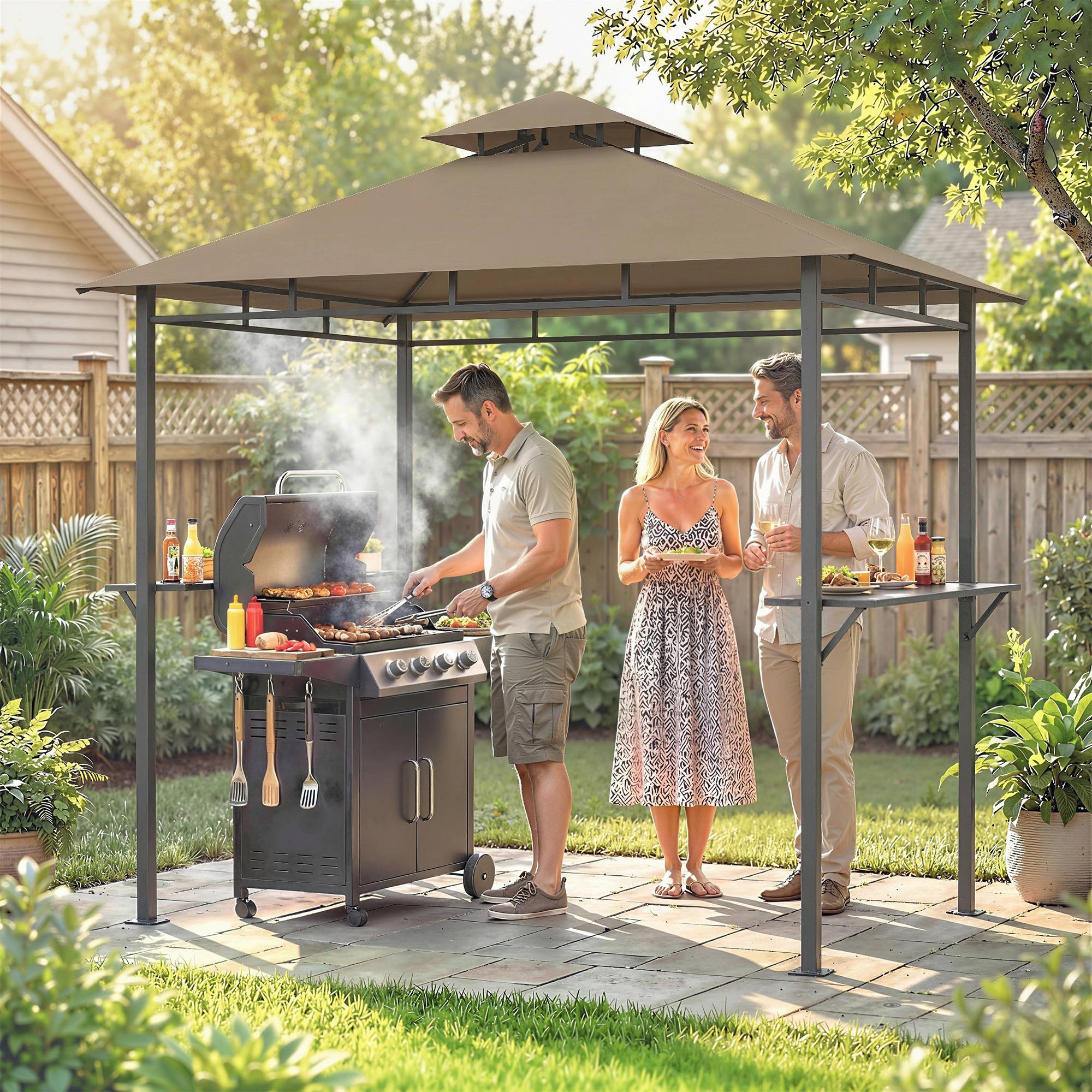 Abri barbecue extérieur, tonnelle de jardin 245x146x255cm en métal, double toit, 2 étagères latérales, marron - Image 10