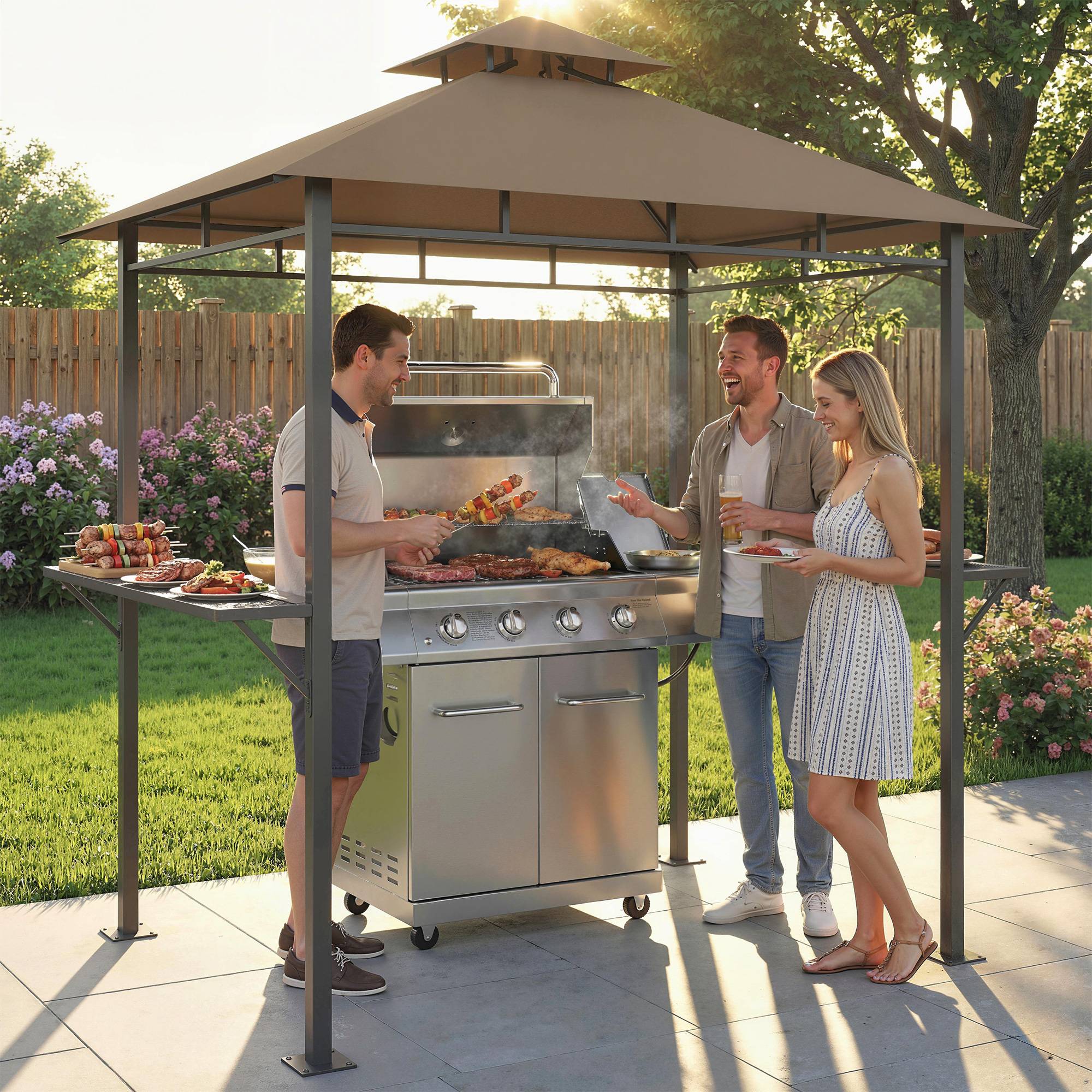 Abri barbecue extérieur, tonnelle de jardin 245x146x255cm en métal, double toit, 2 étagères latérales, marron - Image 3