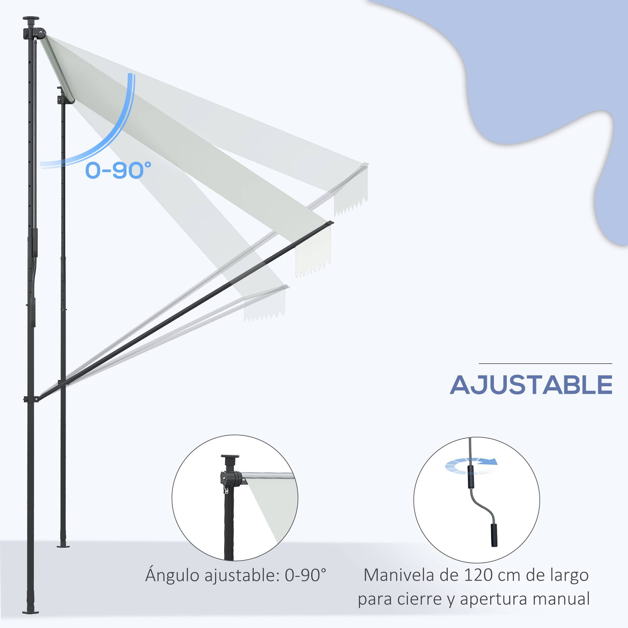 Store Banne Rétractable Manuel 300 x 175 cm, Hauteur Réglable 210–310 cm, Protection UV40+, Balcon et Terrasse, Crème - Image 7