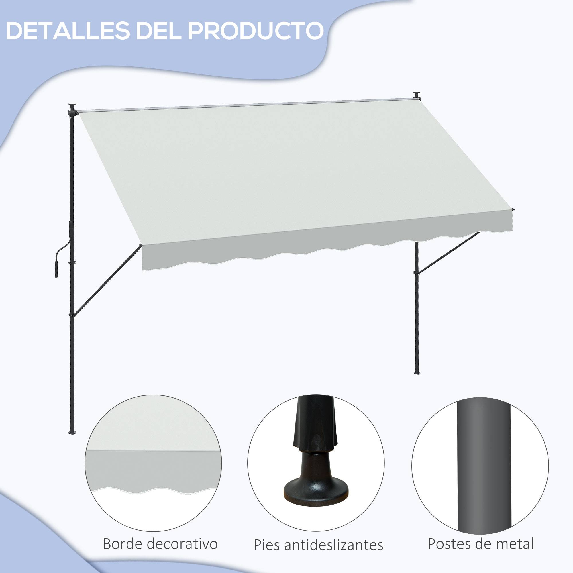 Store Banne Rétractable Manuel 300 x 175 cm, Hauteur Réglable 210–310 cm, Protection UV40+, Balcon et Terrasse, Crème - Image 9