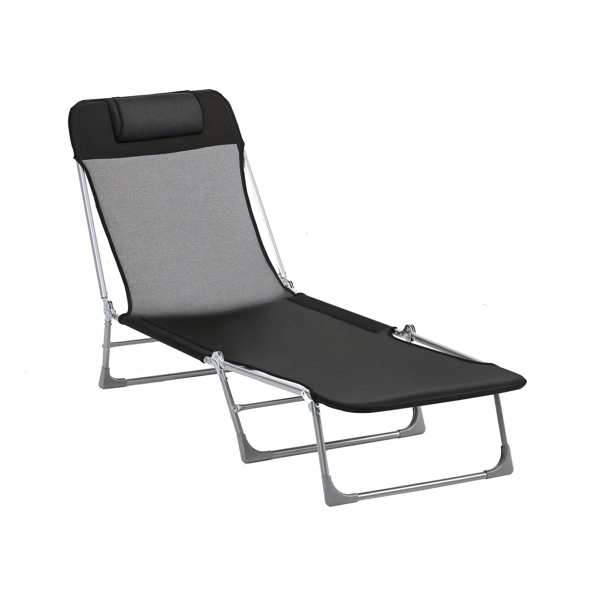 Sans Marque - Bain de soleil transat chaise longue inclinable pliable avec oreiller dossier réglable sur 5 niveaux noir - Image 1