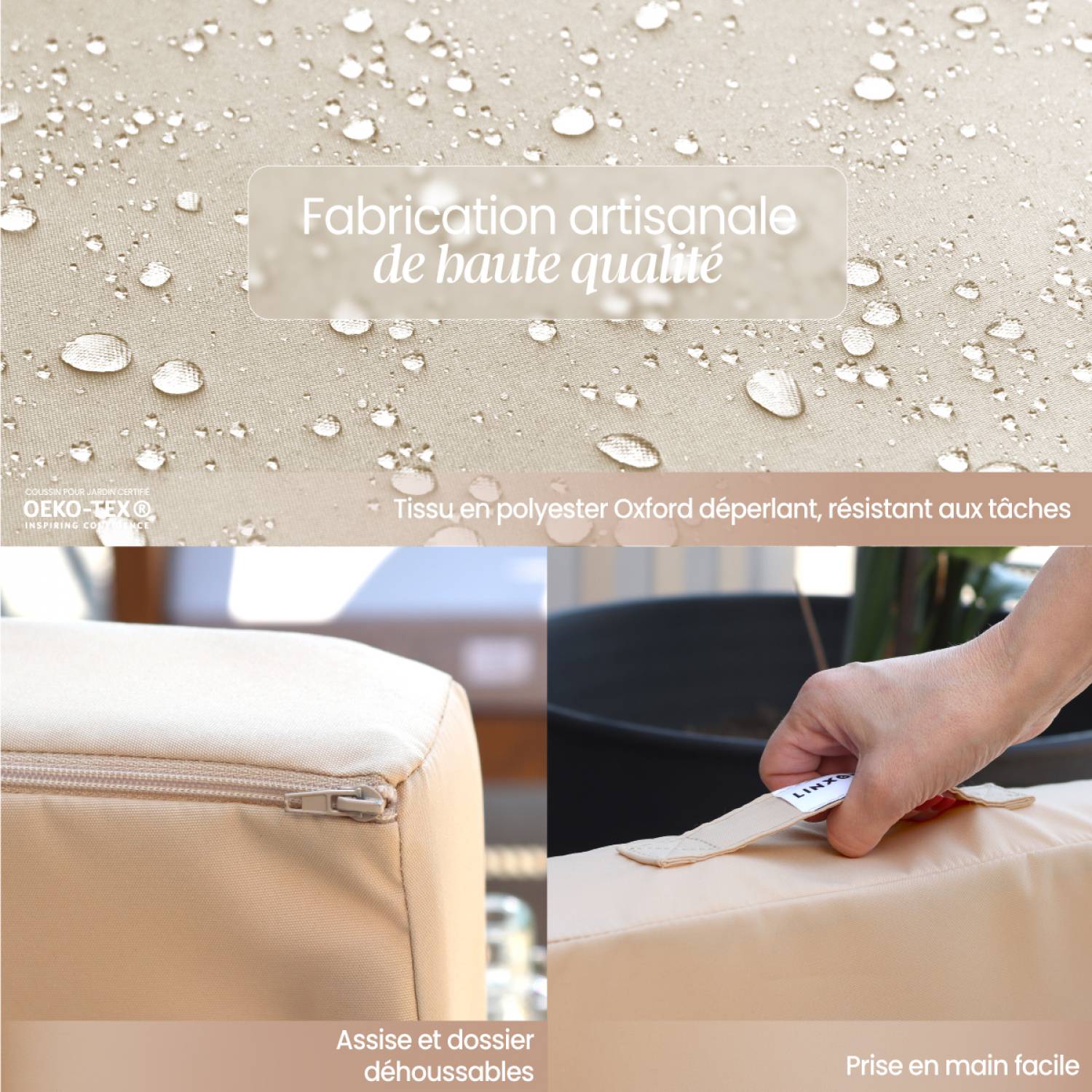 Kit de coussins pour salon de jardin déhoussables - 50 x 50 cm - Beige - Linxor - Image 3