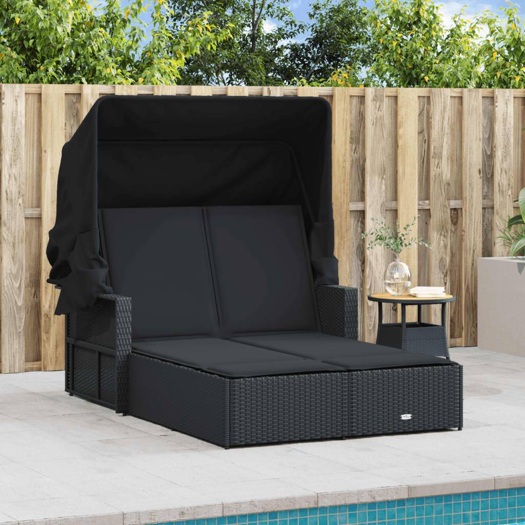 Chaise longue | Transat | Bain de soleil double et auvent et coussins noir résine tressée - Image 3