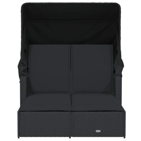 Chaise longue | Transat | Bain de soleil double et auvent et coussins noir résine tressée - Image 4