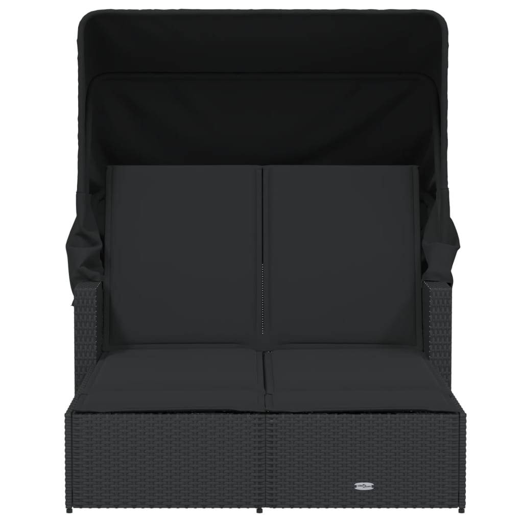 Chaise longue | Transat | Bain de soleil double et auvent et coussins noir résine tressée - Image 4
