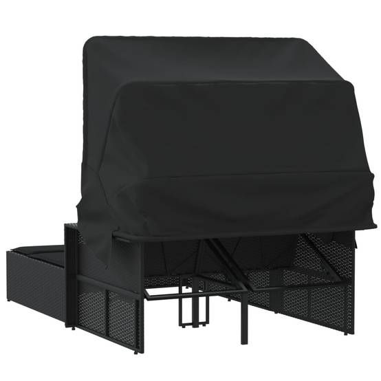 Chaise longue | Transat | Bain de soleil double et auvent et coussins noir résine tressée - Image 6