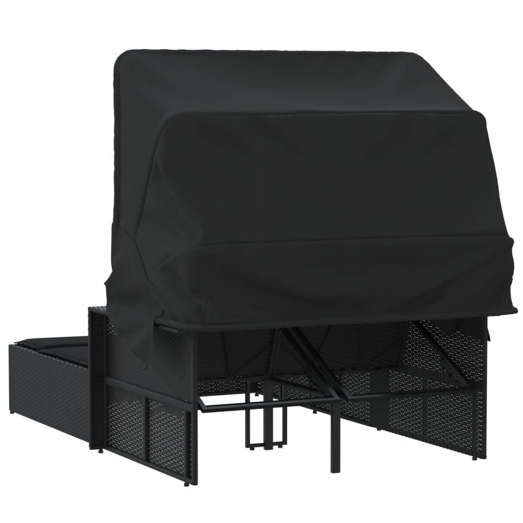 Chaise longue | Transat | Bain de soleil double et auvent et coussins noir résine tressée - Image 6