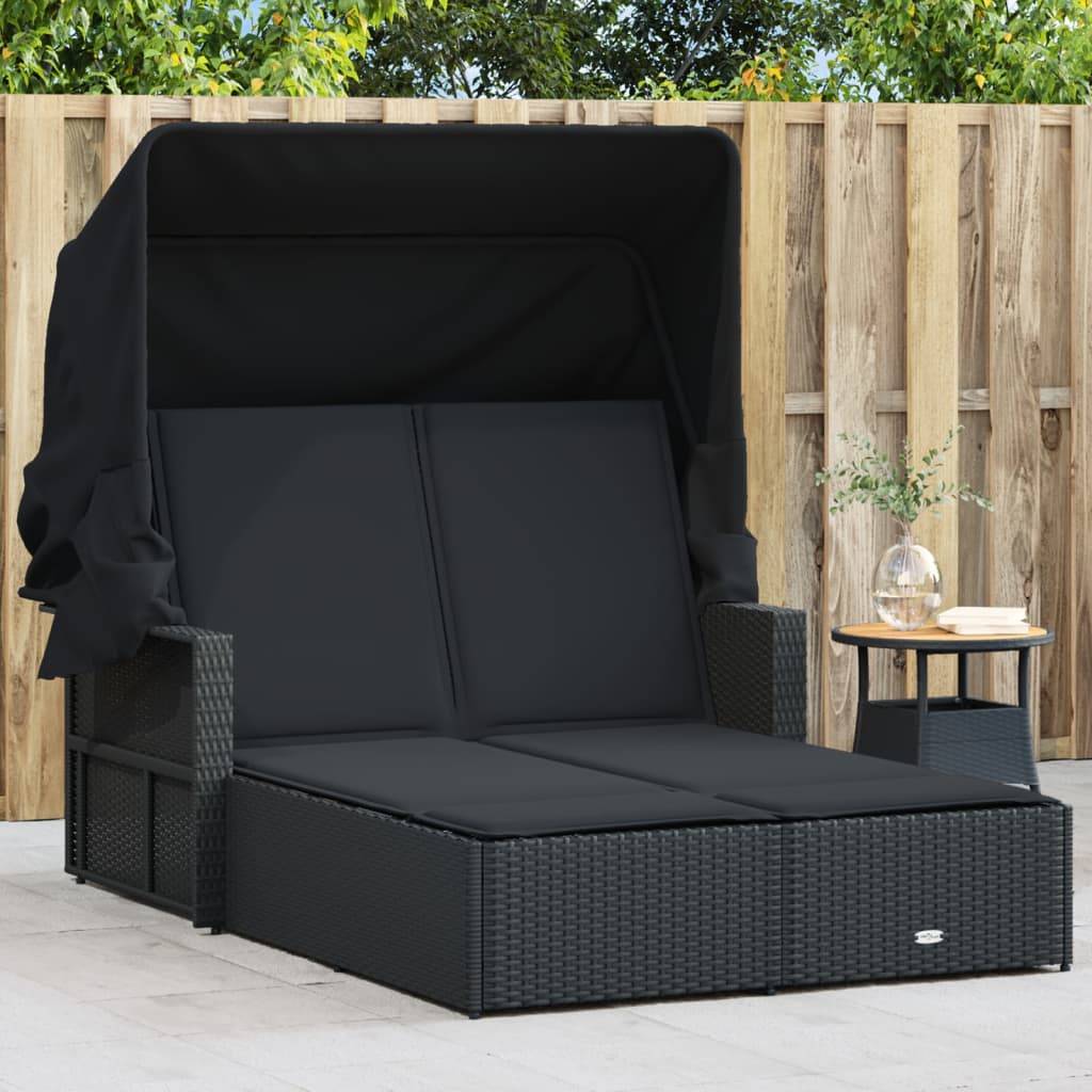 Chaise longue | Transat | Bain de soleil double et auvent et coussins noir résine tressée - Image 2