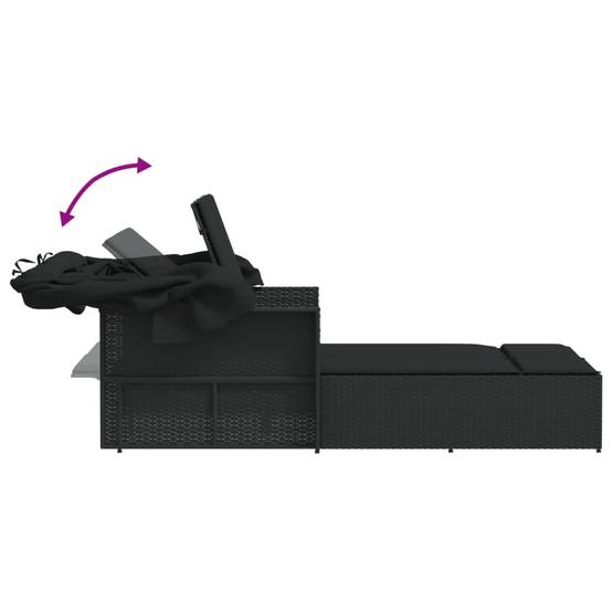 Chaise longue | Transat | Bain de soleil double et auvent et coussins noir résine tressée - Image 8