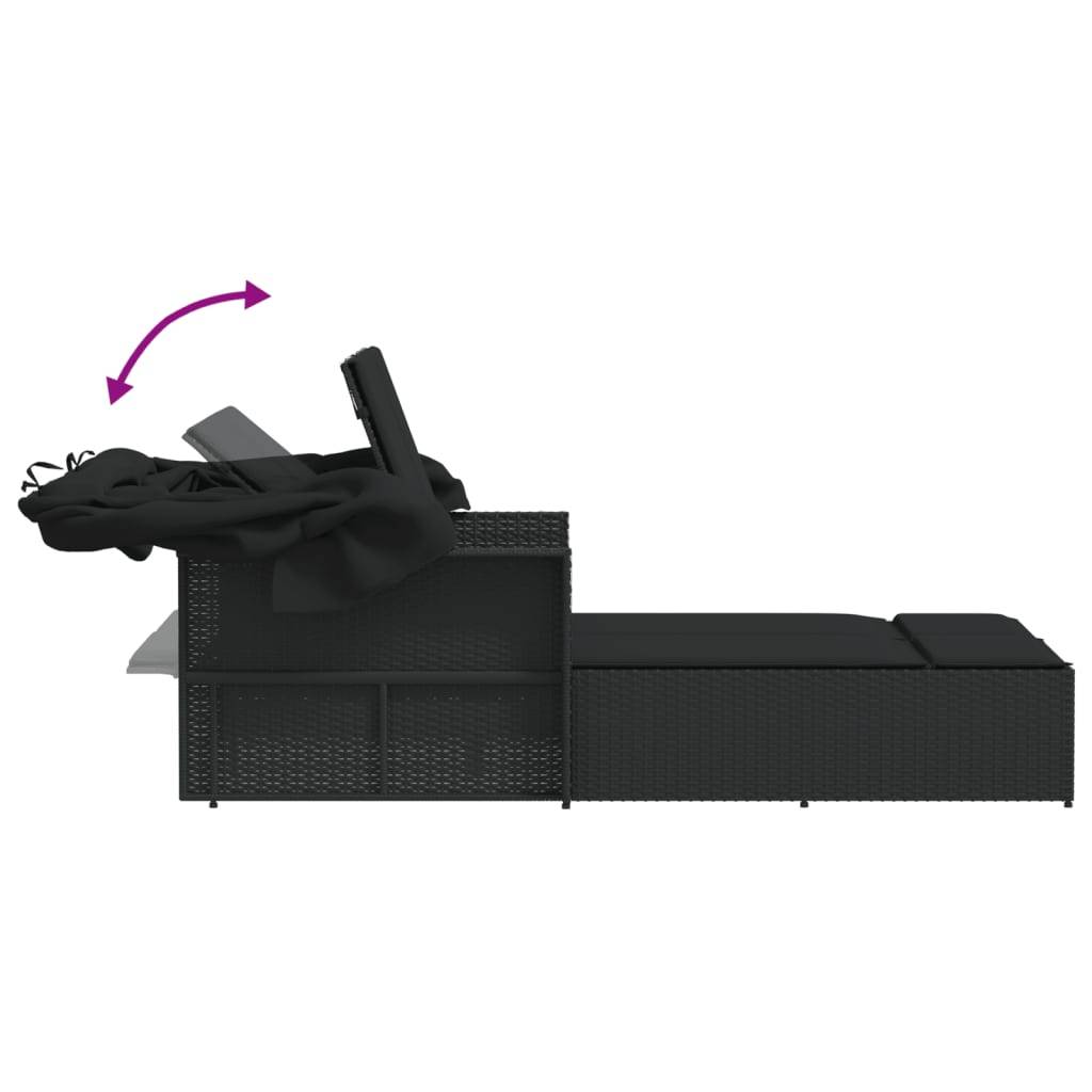 Chaise longue | Transat | Bain de soleil double et auvent et coussins noir résine tressée - Image 8