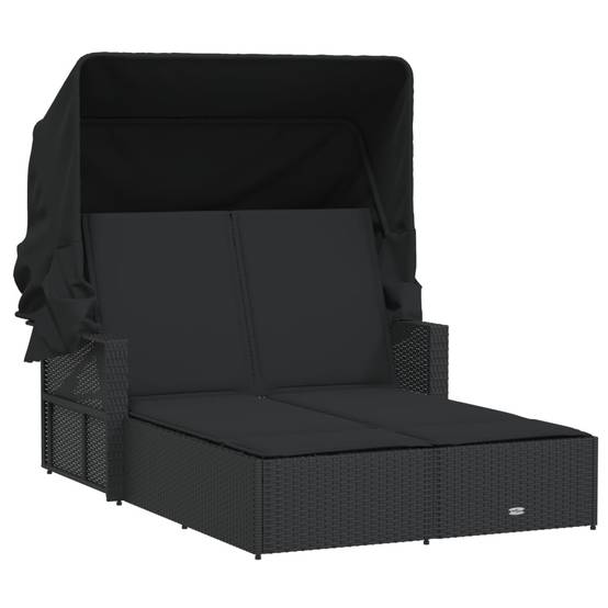 Chaise longue | Transat | Bain de soleil double et auvent et coussins noir résine tressée - Image 1