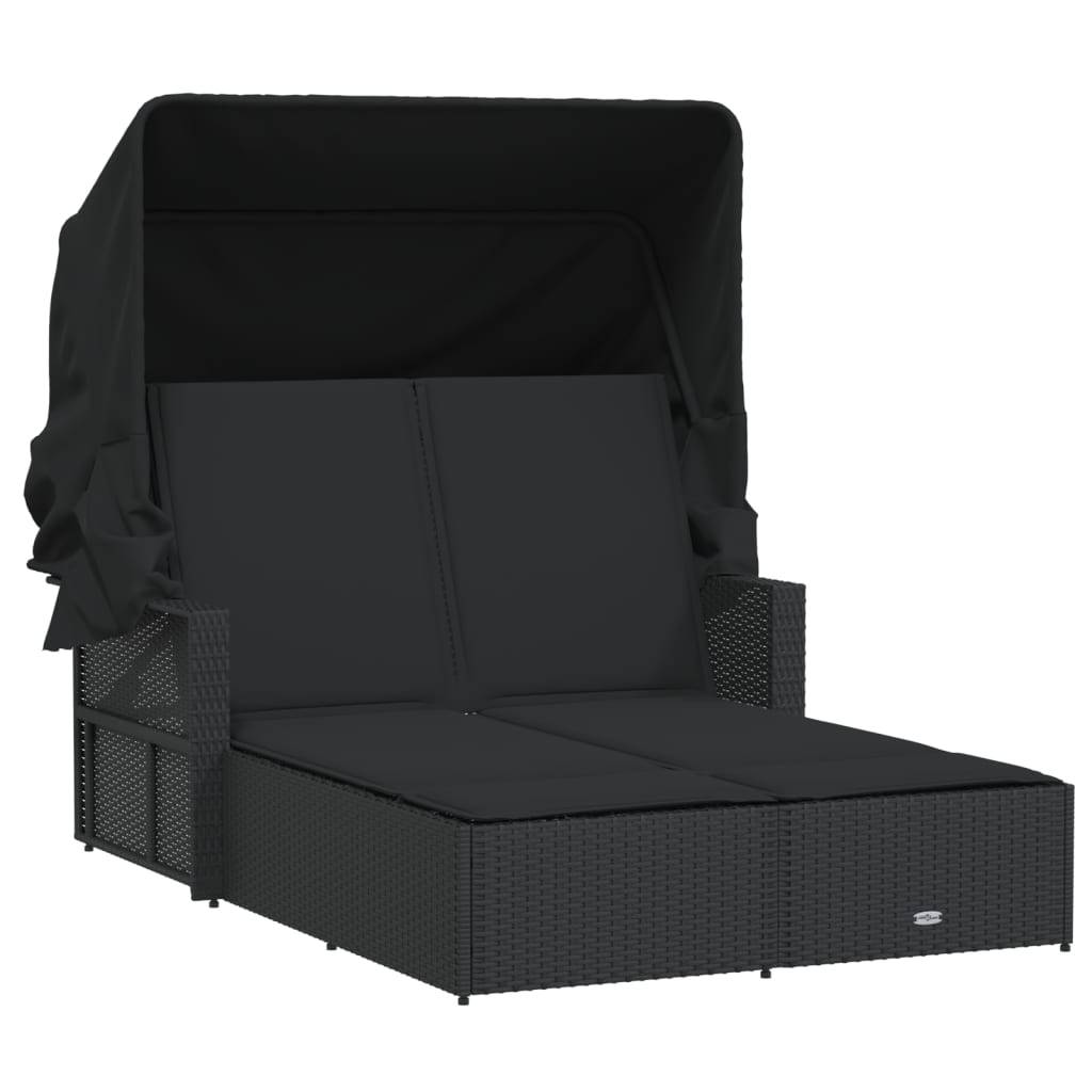 Chaise longue | Transat | Bain de soleil double et auvent et coussins noir résine tressée - Image 1