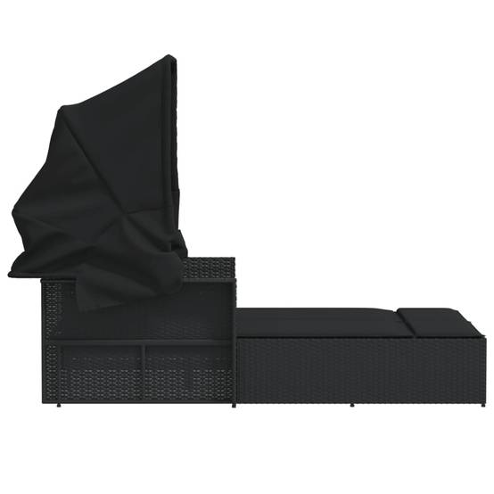 Chaise longue | Transat | Bain de soleil double et auvent et coussins noir résine tressée - Image 5