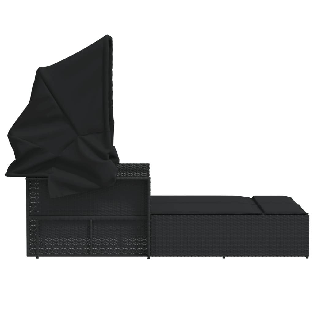 Chaise longue | Transat | Bain de soleil double et auvent et coussins noir résine tressée - Image 5