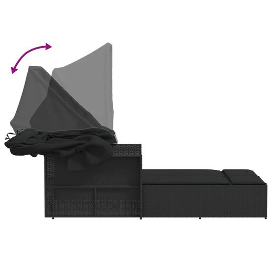 Chaise longue | Transat | Bain de soleil double et auvent et coussins noir résine tressée - Image 9