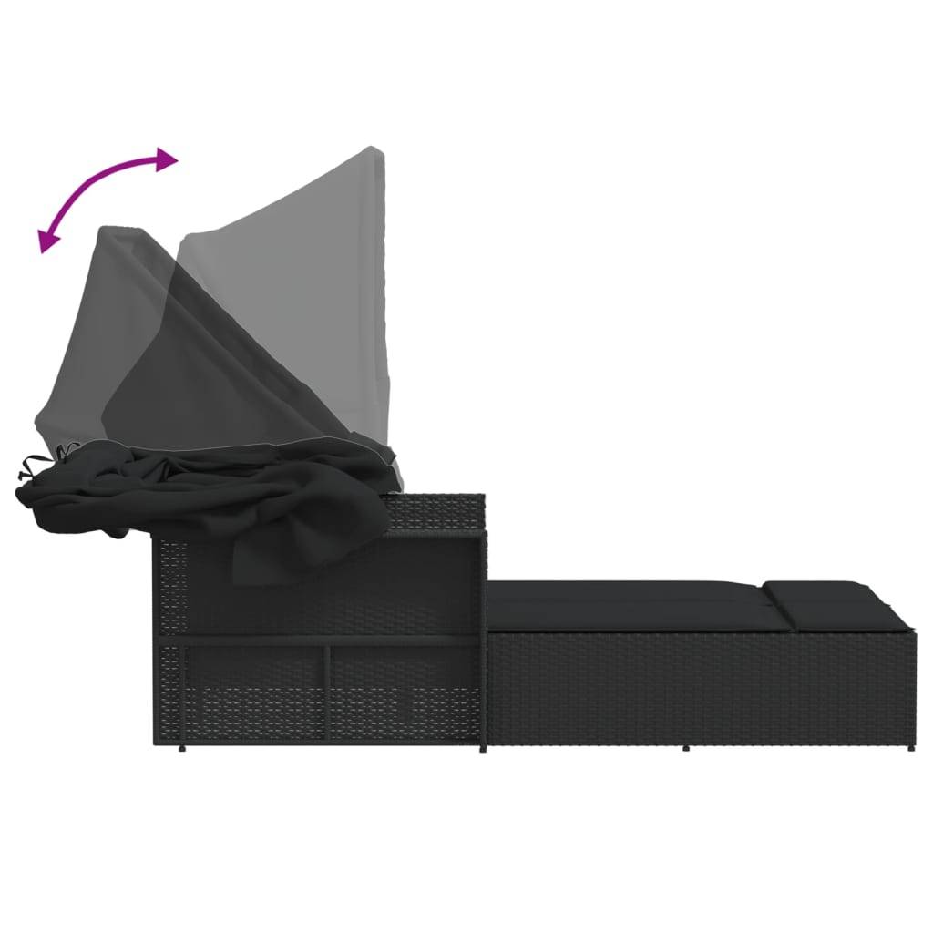 Chaise longue | Transat | Bain de soleil double et auvent et coussins noir résine tressée - Image 9