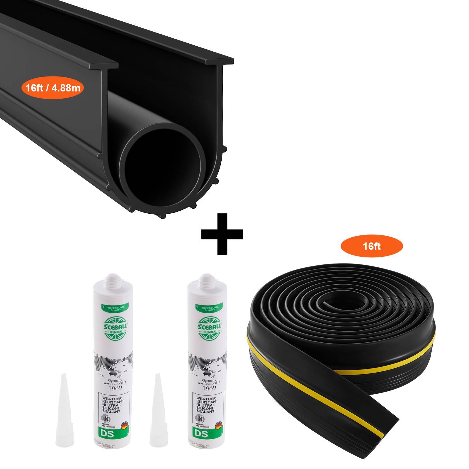VEVOR Joint porte garage 4.88m, seuil U+O, 2pcs, PVC, adhésif, noir. - Image 1