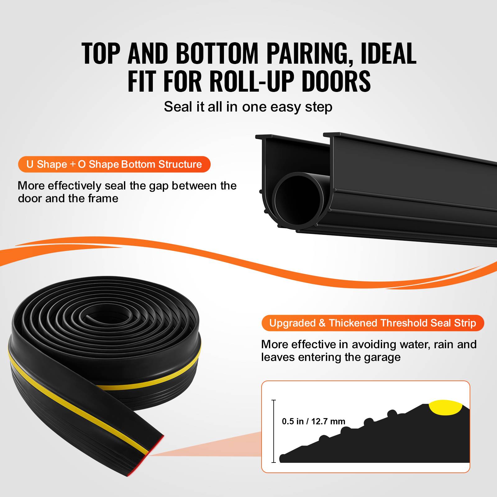 VEVOR Joint porte garage 4.88m, seuil U+O, 2pcs, PVC, adhésif, noir. - Image 3