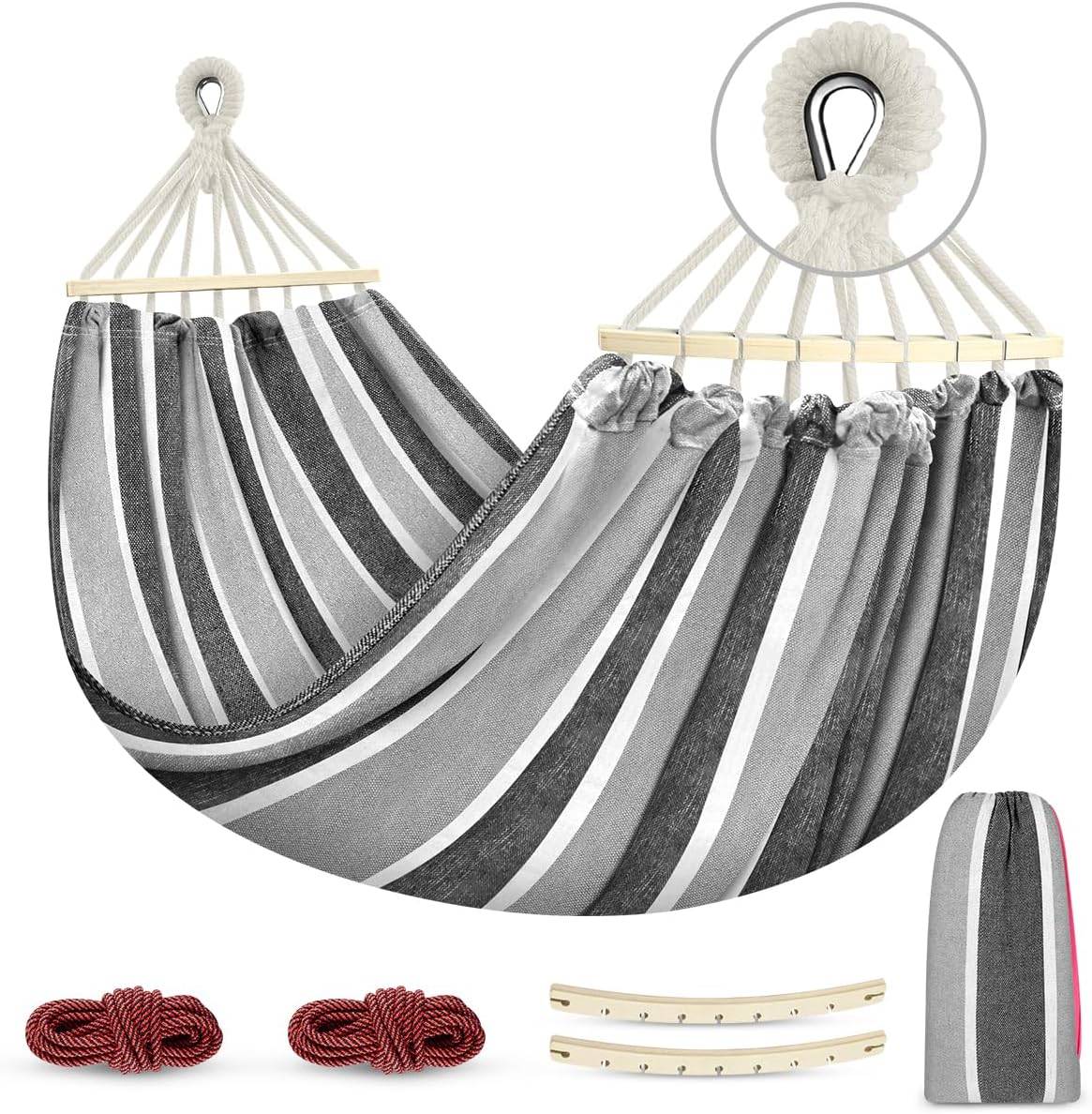 Hamac de camping portable en tissu avec deux poutres d'équilibre anti-roulement, idéal pour le camping et l'extérieur (gris)220x150cm -Lytech - Image 1