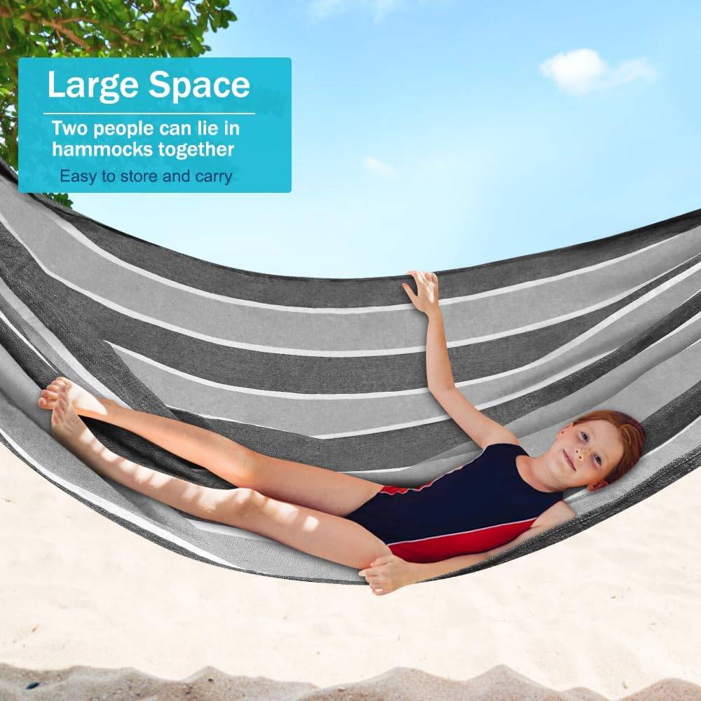 Hamac de camping portable en tissu avec deux poutres d'équilibre anti-roulement, idéal pour le camping et l'extérieur (gris)220x150cm -Lytech - Image 5