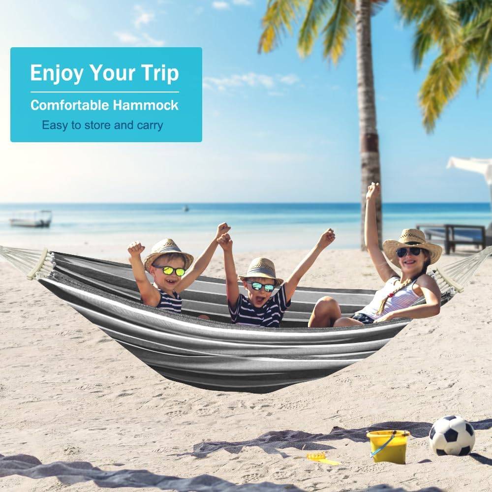Hamac de camping portable en tissu avec deux poutres d'équilibre anti-roulement, idéal pour le camping et l'extérieur (gris)220x150cm -Lytech - Image 7
