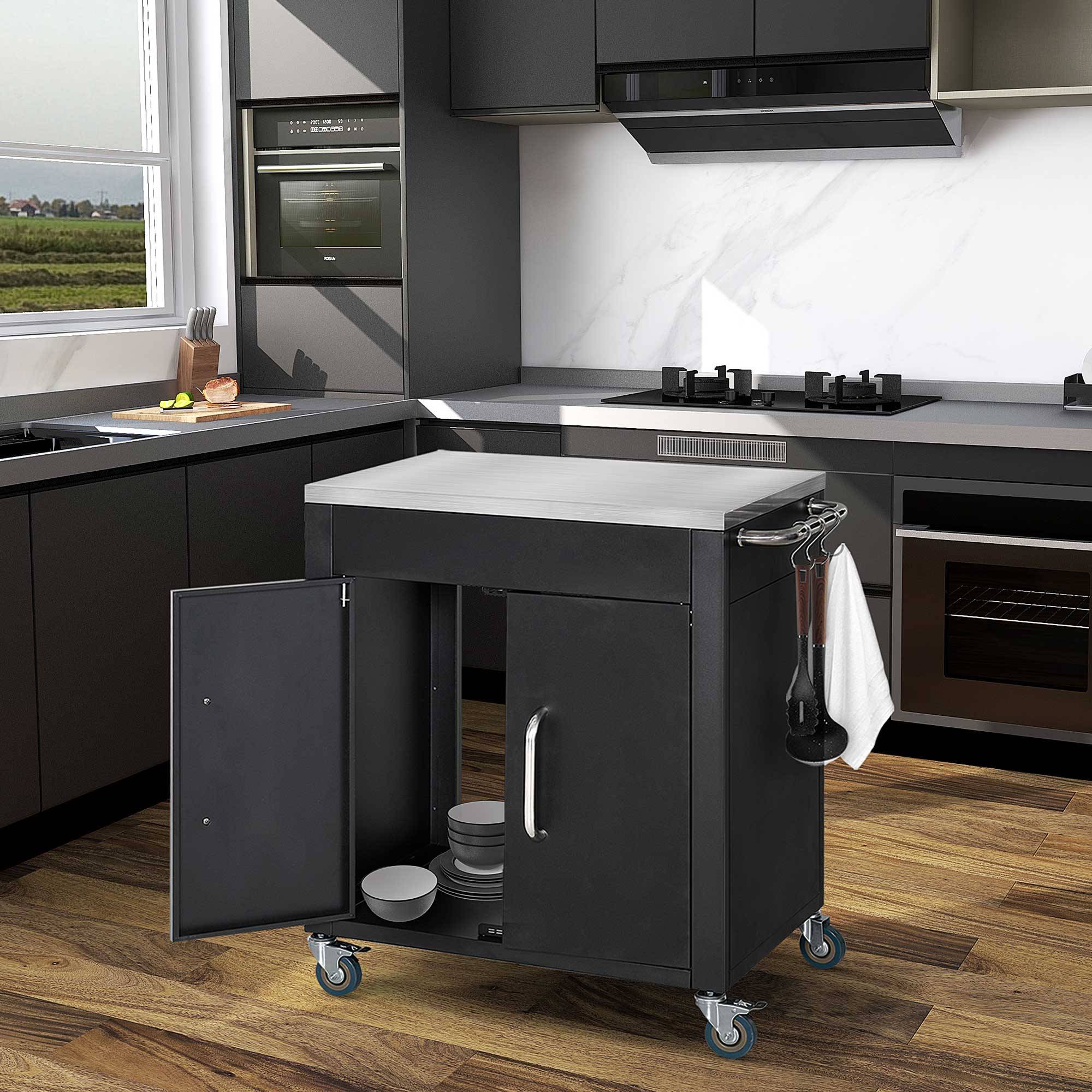 ComfortXL - Desserte de jardin et barbecue métal inox 86 x 50 x 86,5 cm noire sur roulettes avec rangement et crochets - Image 1