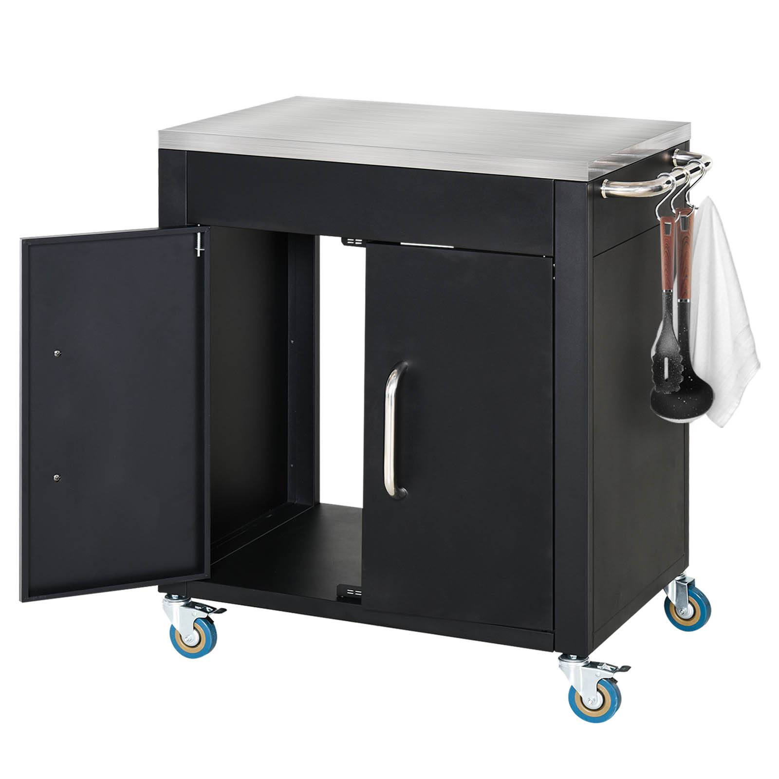 ComfortXL - Desserte de jardin et barbecue métal inox 86 x 50 x 86,5 cm noire sur roulettes avec rangement et crochets - Image 2