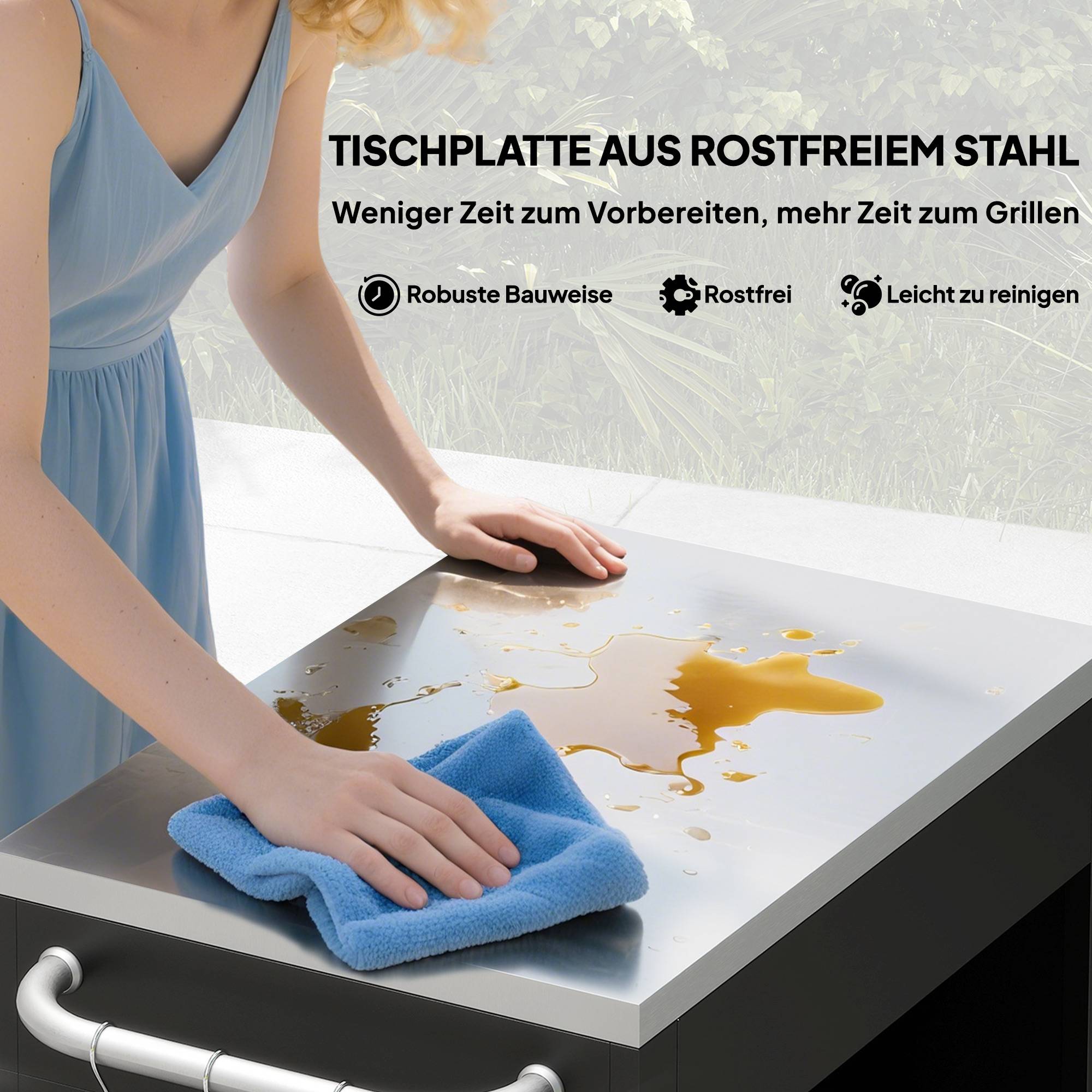 ComfortXL - Desserte de jardin et barbecue métal inox 86 x 50 x 86,5 cm noire sur roulettes avec rangement et crochets - Image 4