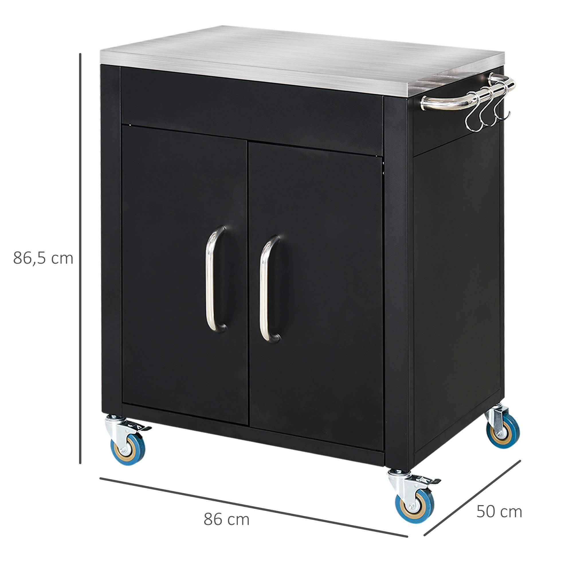 ComfortXL - Desserte de jardin et barbecue métal inox 86 x 50 x 86,5 cm noire sur roulettes avec rangement et crochets - Image 3