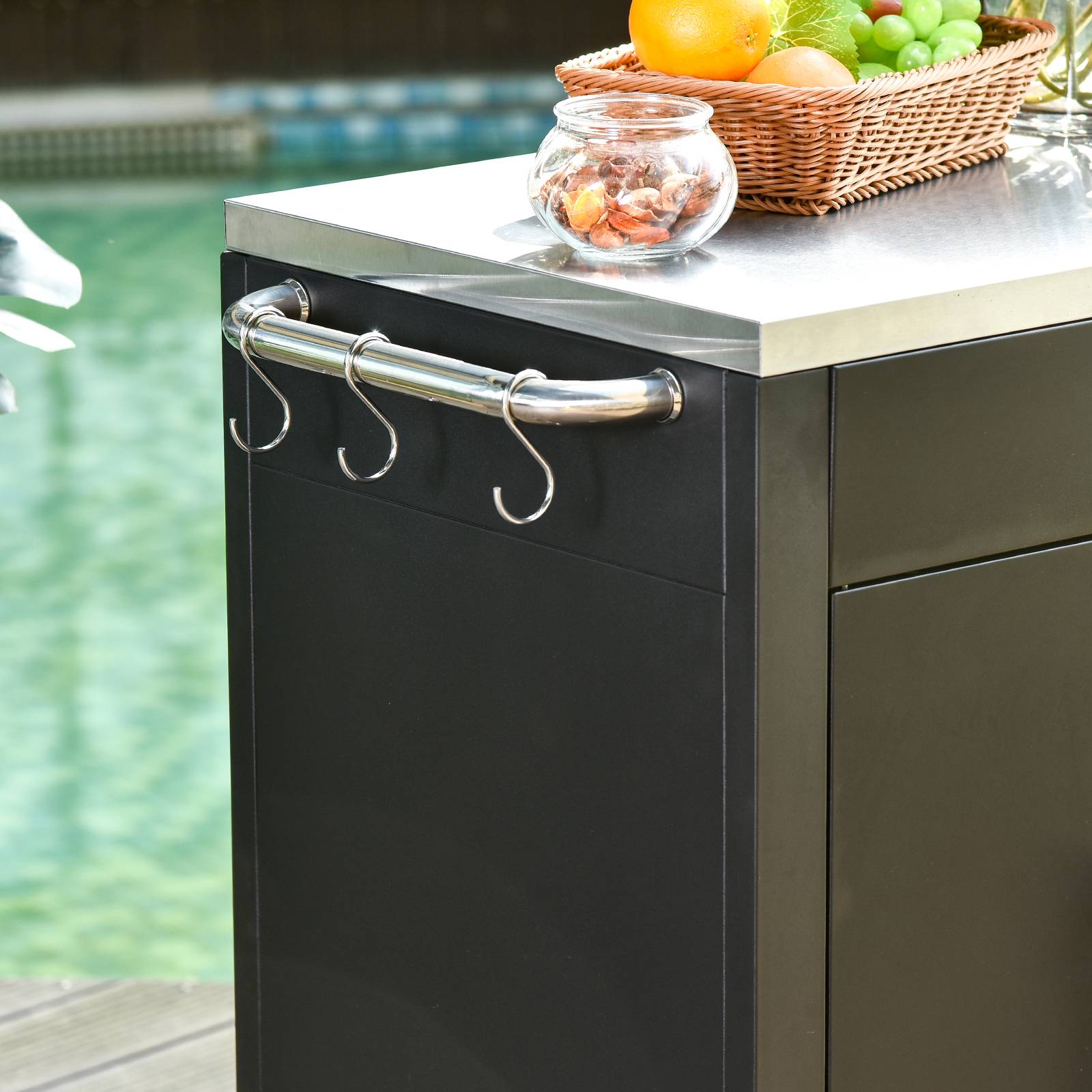 ComfortXL - Desserte de jardin et barbecue métal inox 86 x 50 x 86,5 cm noire sur roulettes avec rangement et crochets - Image 8